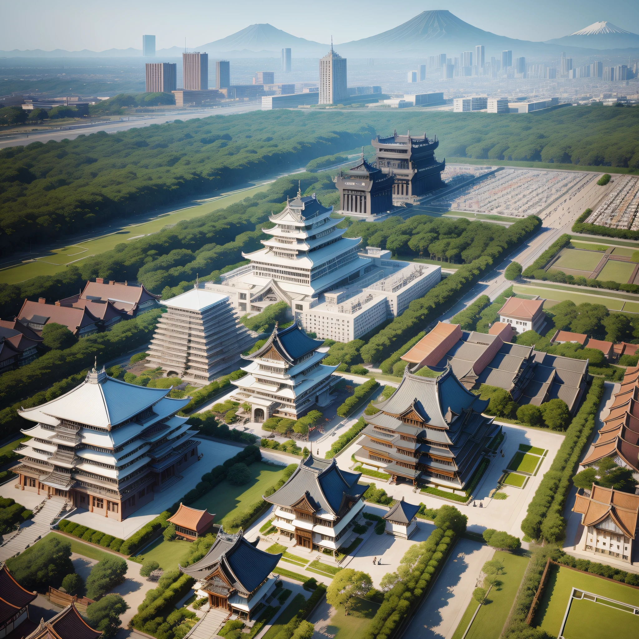 metropolis with several houses of Byodo-in Japanese architecture, towers with Seiganto-ji architecture. An Osaka castle. Royal palace in style The Roman Palazzo style with white towers and blue tile, big city and streets, volcano