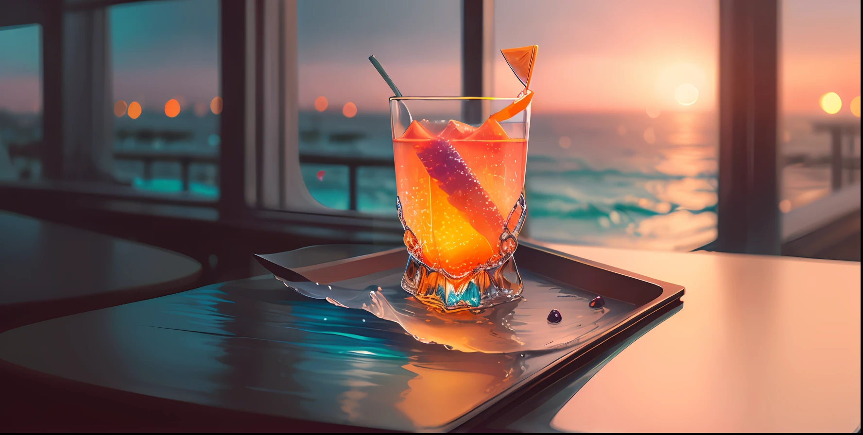 cocktailworld, with waves, no humans, scenery, street, window, depth of field, ((blurred background)), masterpiece, best quality, ultra detail,