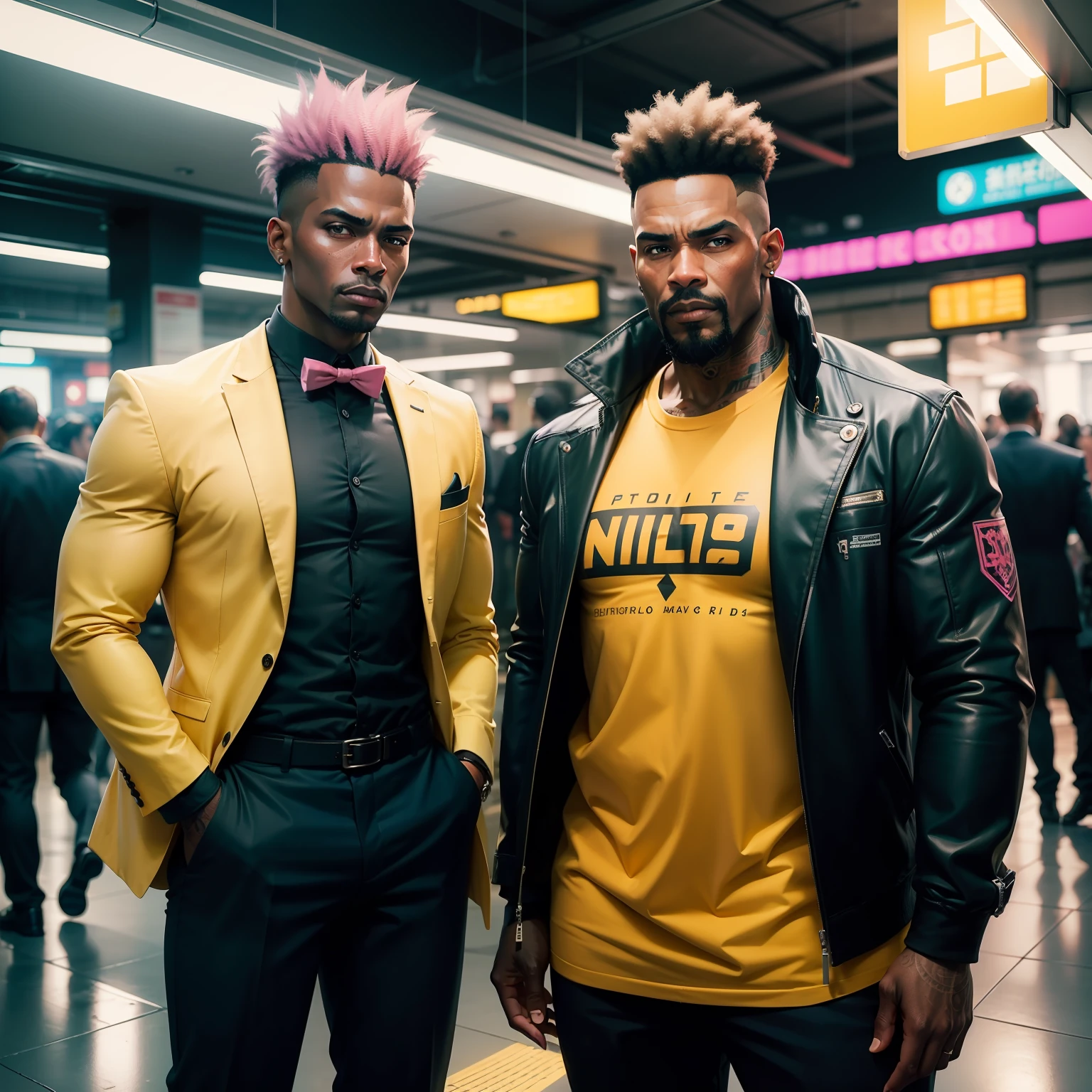 gostaria de uma imagem estilo cyberpunk em 4k de 2 personagens de mais ou menos 40 anos ,africano, forte, musculoso,Bodybillder,muito forte de pele negra ,barba grande,barba, Estiloso Barbon,com cabelo punk estilo anos 80 na cor amarelo e cinza escuro,muito eLegante,, futurista e estiloso neon , com uma tatuagem super colorida e com neon ,Toattoo, facing a metro station on the platform , with station lights failing in a dimly lit environment, standing dressed in a dark yellow suit with a pink bow tie and baggy shirt.