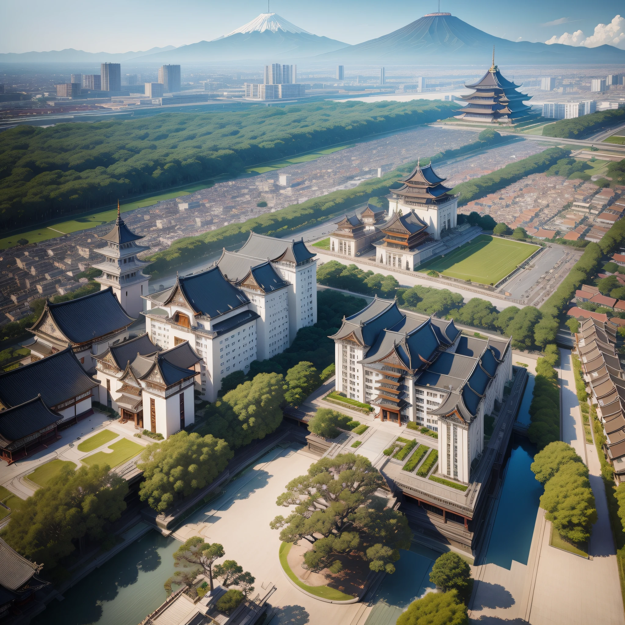 metropolis with several houses of Byodo-in Japanese architecture, towers with Seiganto-ji architecture. An Osaka castle. Royal palace in style The Roman Palazzo style with white towers and blue tile, big city and streets, volcano
