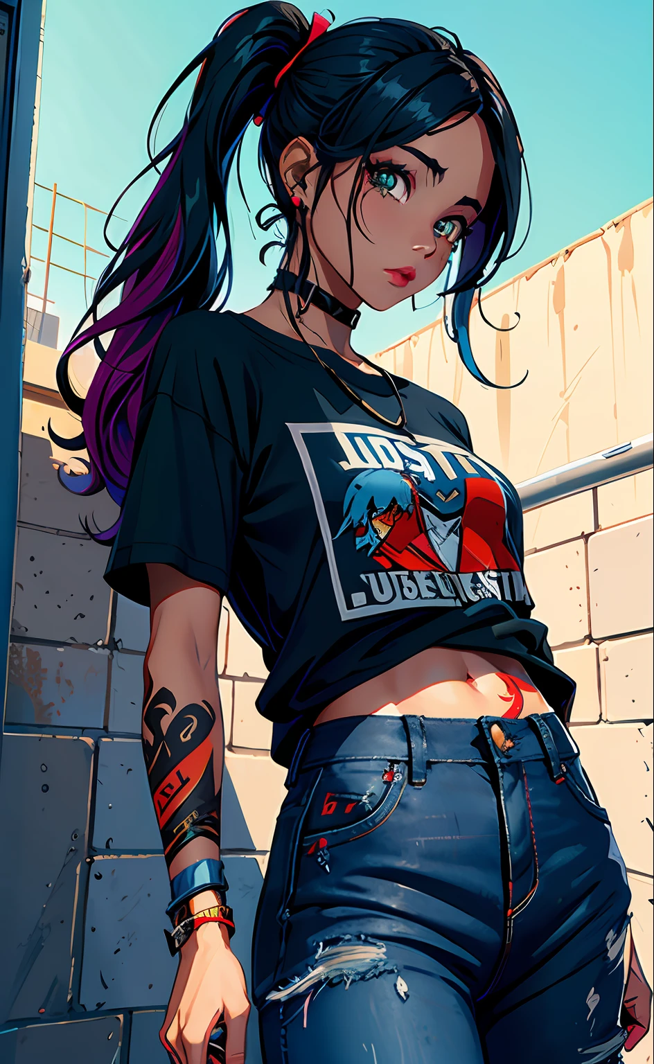 ((jules_fortnite)), tattoo in arm, batom preto nos labios, camisa regata branca, cabelo twintails, baggy jeans, olhos vermelhos, 4k, masterpiece, best quality, good anathomy