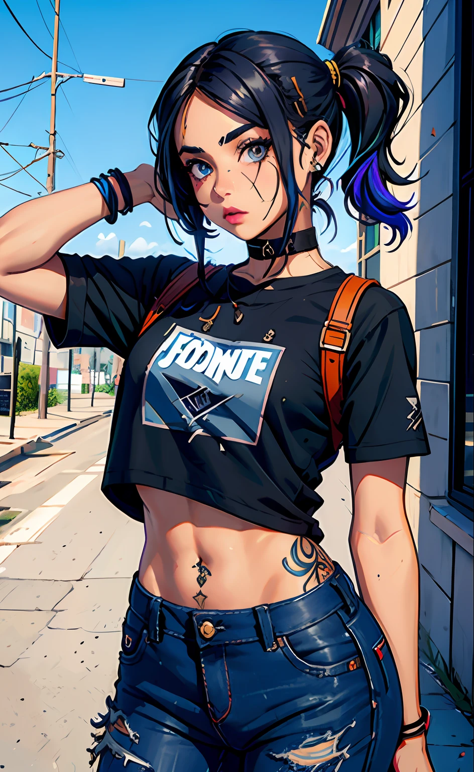 ((jules_fortnite)), tattoo in arm, batom preto nos labios, camisa regata branca, cabelo twintails, baggy jeans, olhos vermelhos, 4k, masterpiece, best quality, good anathomy
