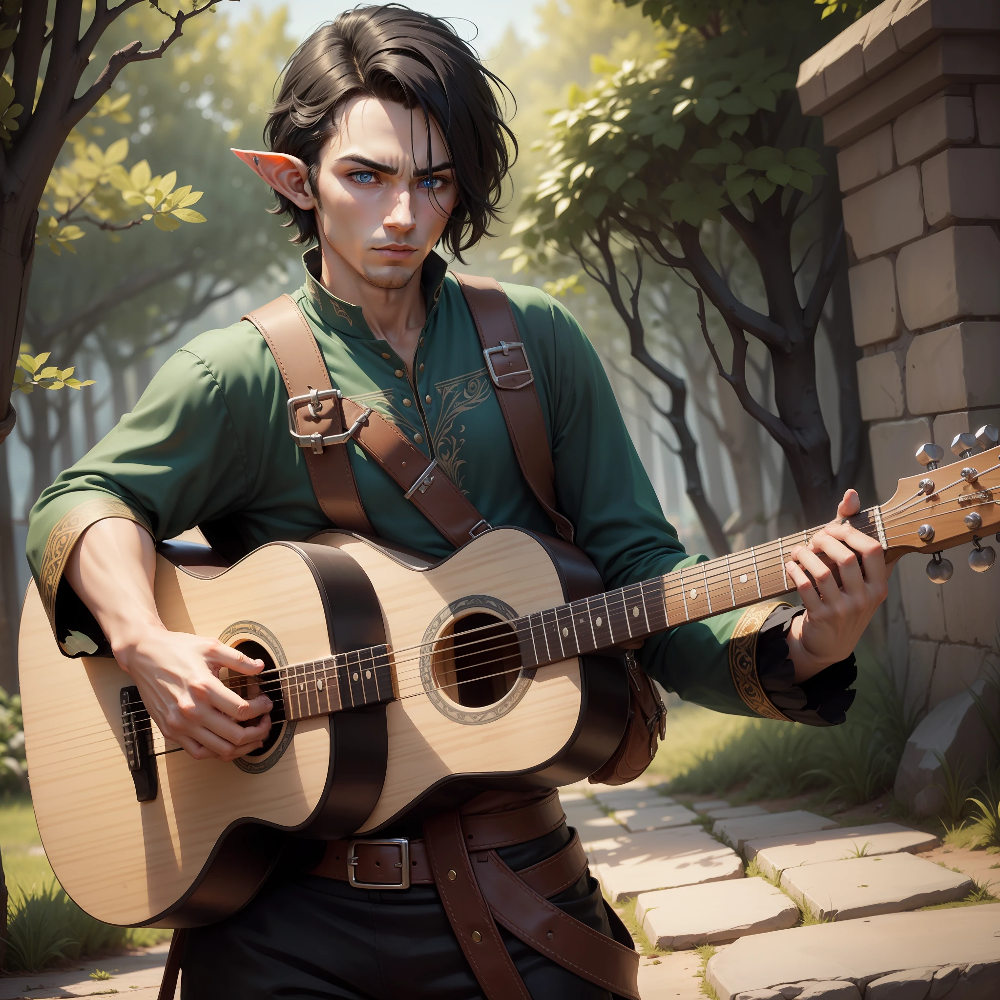 full body low angle shot of a intimidating male elf bard playing guitar while standing, D&D style, male elf, black hair, highly detailed, high quality, male short hair, adult face, perfect hands, (masterpiece), best quality, expressive eyes,