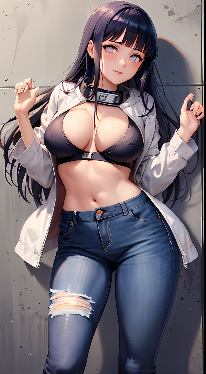 obra-prima, Altas, alta qualidade, rosto detalhado, render corpo detalhado, 1girl, sozinho, hyuuga hinata, hinata-sleevless-outfit, middlebreasts, Middle thorax, camisa sem mangas, top, tampo da rede de pesca, Dark lips, unzipped jacket, no-bra, seios para fora, Dope, standingn, Blushes, (no quarto), tight jeans