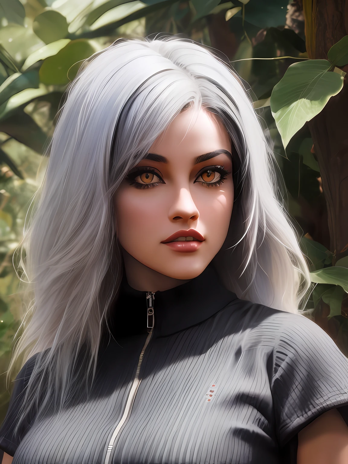 melhor qualidade, ultra-detalhado, illustration, Mulher metade lobo metade mulher, cabelo comprido preto, olho vermelho, half wolf half woman, gola fofa, floresta, lua, sketchfab, corpo inteiro, alta qualidade, textura da pele, detalhes intrincados, (cinematic lighthing), Foto RAW, 8k