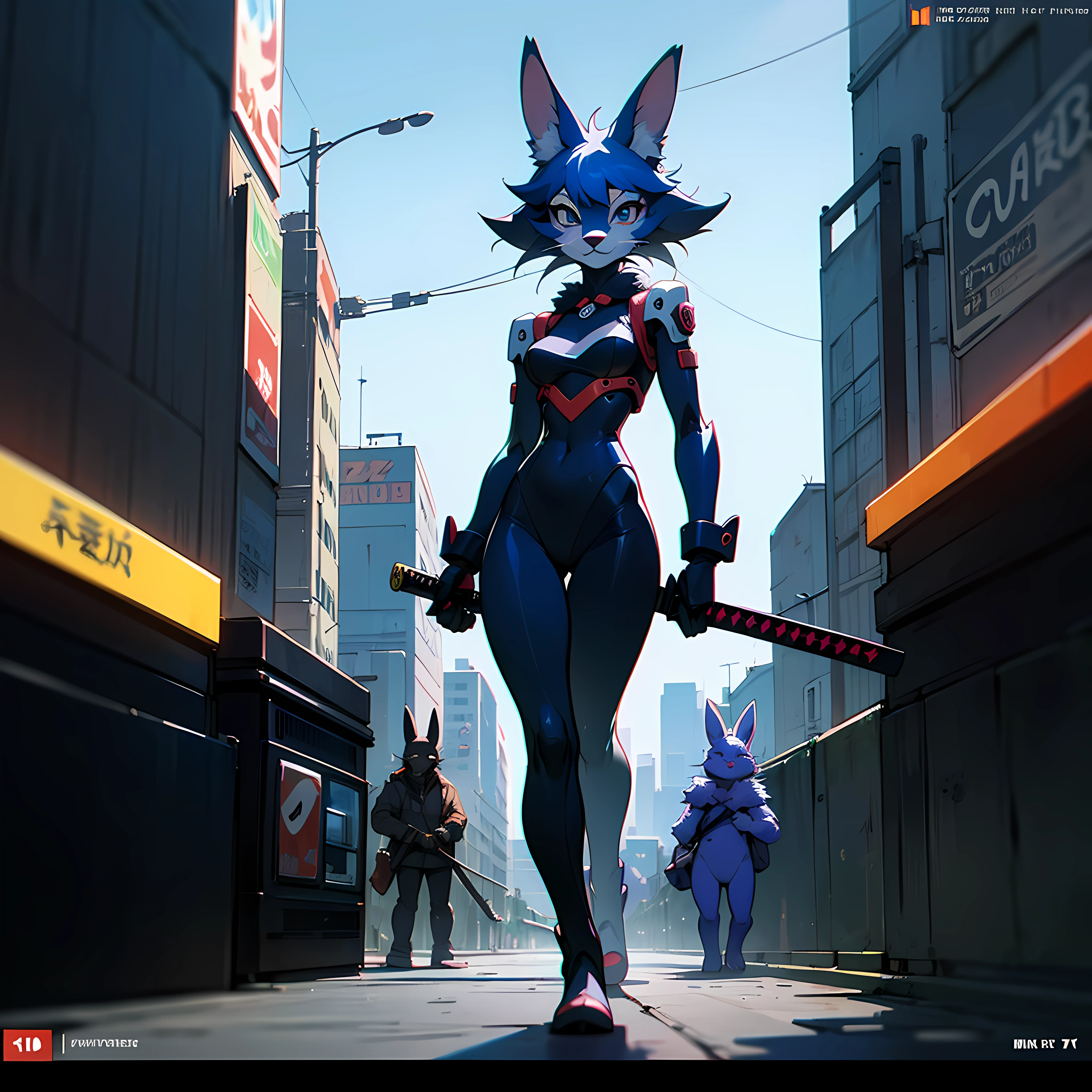 still cel art from a crt screenshot of an animated 1980s masamune shirow animated anime about a cyberpunk anthro kemono furry blue rabbit girl who patrols the streets with a technokatana looking for criminal robots --auto