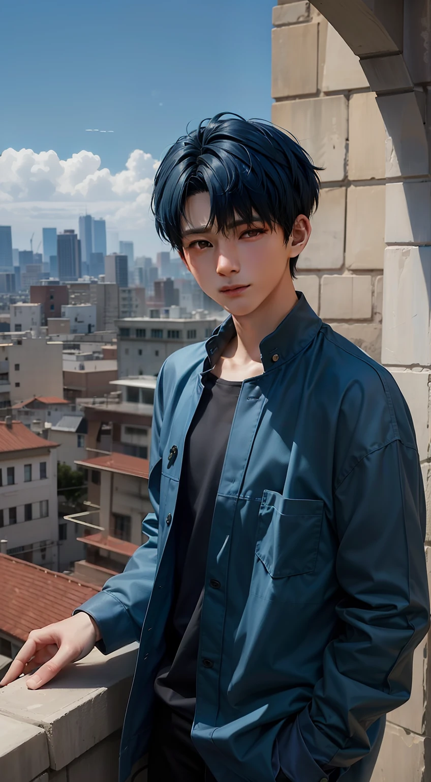 usar el mismo chico, 15-year-old man with short, Straight blue hair standing on a terrace looking at a strange city, tiene mirada triste,