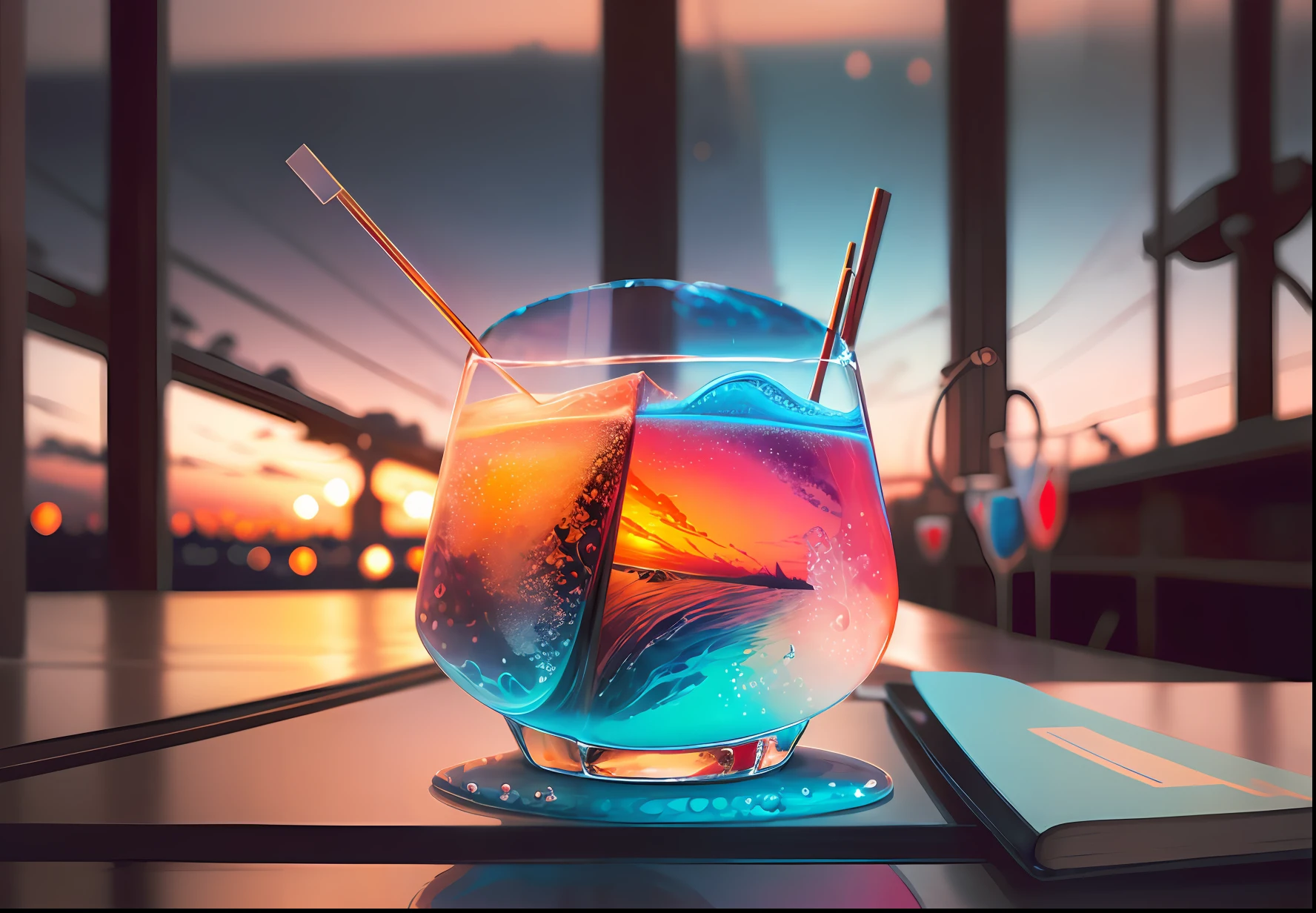 cocktailworld, with big waves, no humans, scenery, street, window, depth of field, ((blurred background)), masterpiece, best quality, ultra detail,
