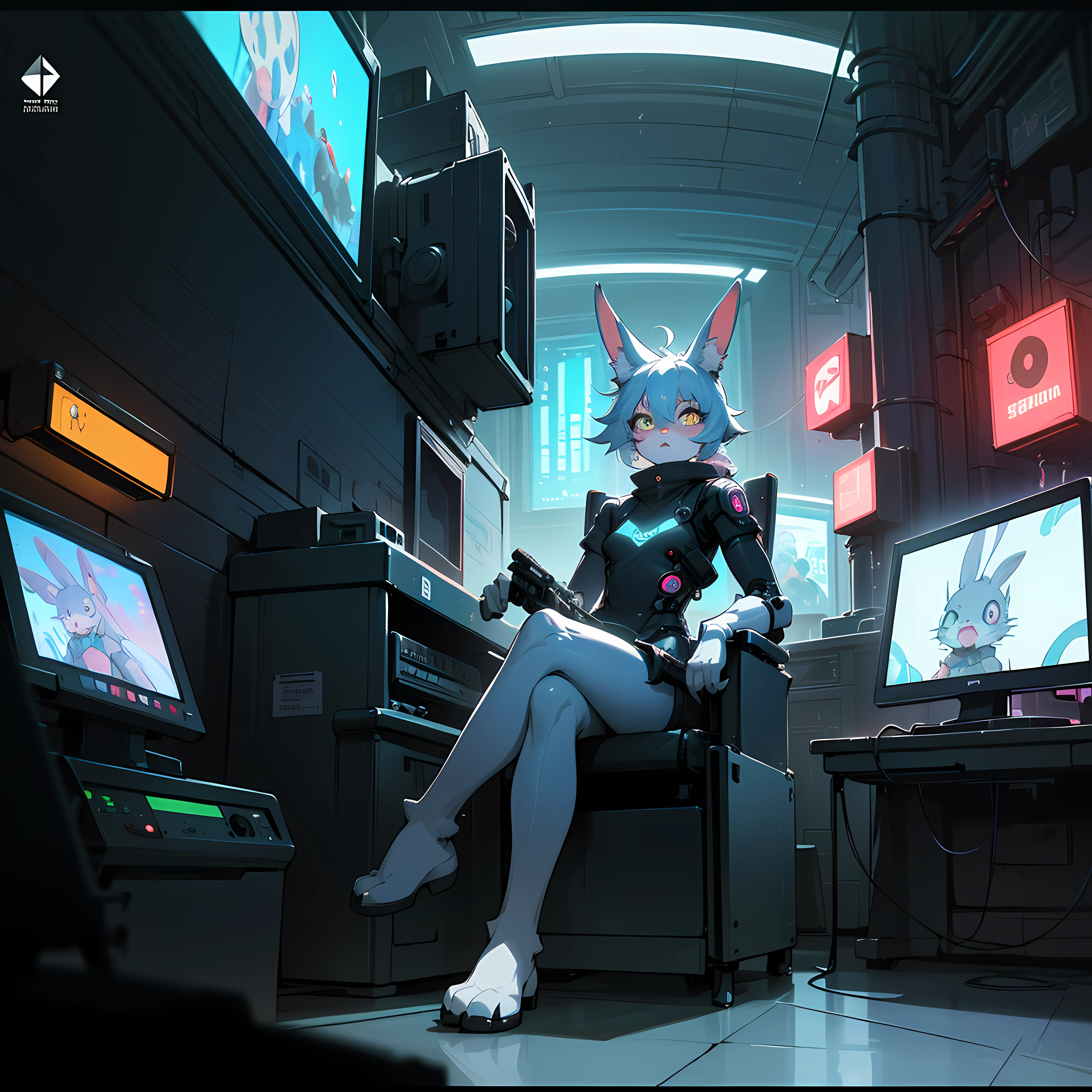crt cel animated screencap of a still from an animated 1980s masamume shirow anime about a cyberpunk anthro kemono furry blue rabbit girl who patrols the streets with a technokatana looking for criminal robots, (blame! style abandoned tech landscape), (Zen, Amy Sol style), (((beats to relax/study to))), (((Lofi anthro kemono blue-furred rabbit girl in power armor sitting in metal chair behind computer terminal, behind giant glass terminal screen, beats to relax/study to))), (((blue kemono beastars furry rabbit anime hacker with small soft furry paws))), (((suspended glass cyberpunk computer terminals with robot rabbit in background))), ((glowing cyberdeck screens)), (underground, dark, foggy, perilous, abandoned dystopian apartment bedroom, deep windows), (abstract anthro rabbit figure wearing bunny ears), cover art with light abstraction, abstract, simple vector art, contemporary Cybernetic art, color gradients, soft color palettes, layered forms, whimsical animation, style Ethereal abstract, 4K, --v6