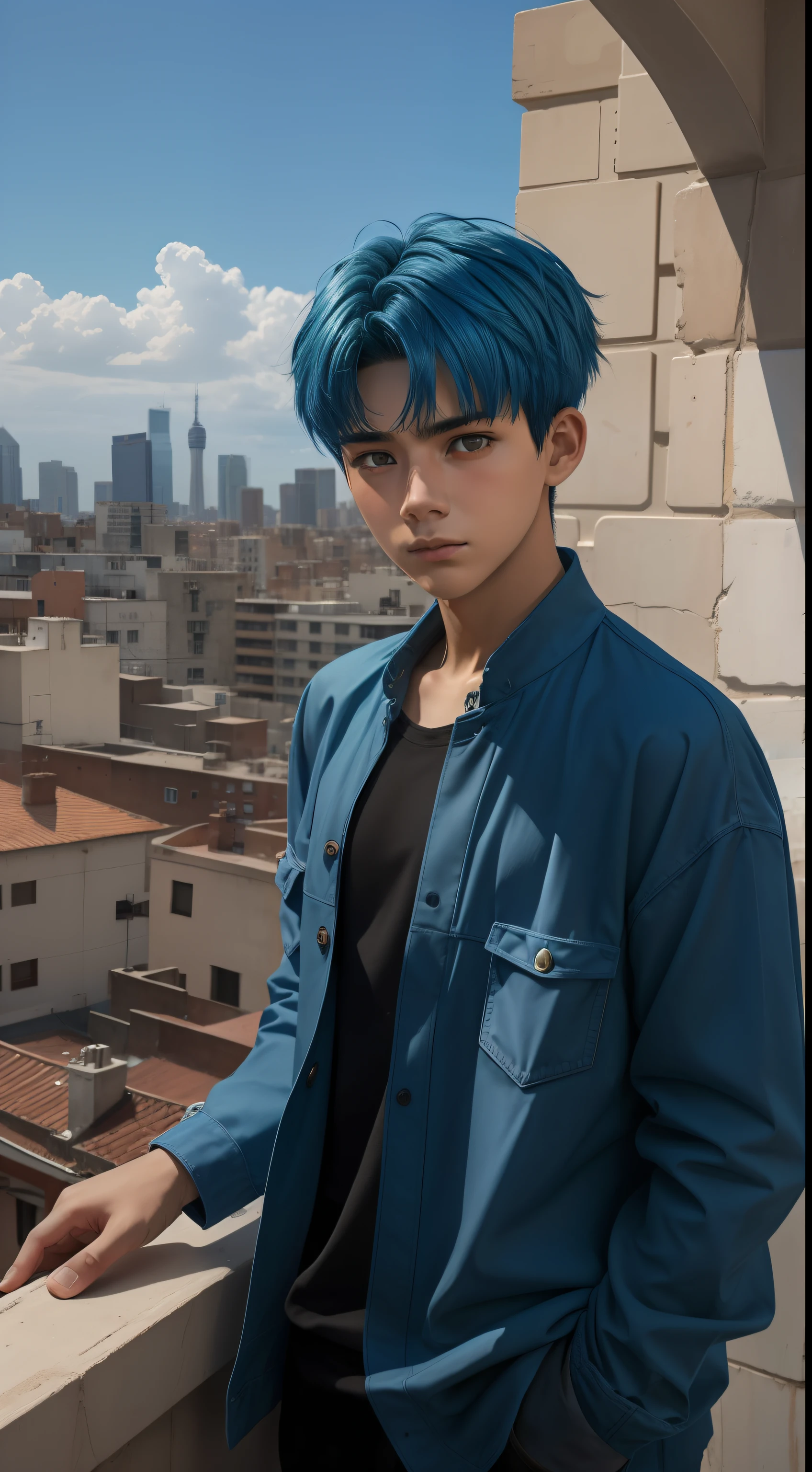 usar el mismo chico, 15-year-old man with short, Straight blue hair standing on a terrace looking at a strange city, tiene mirada triste,