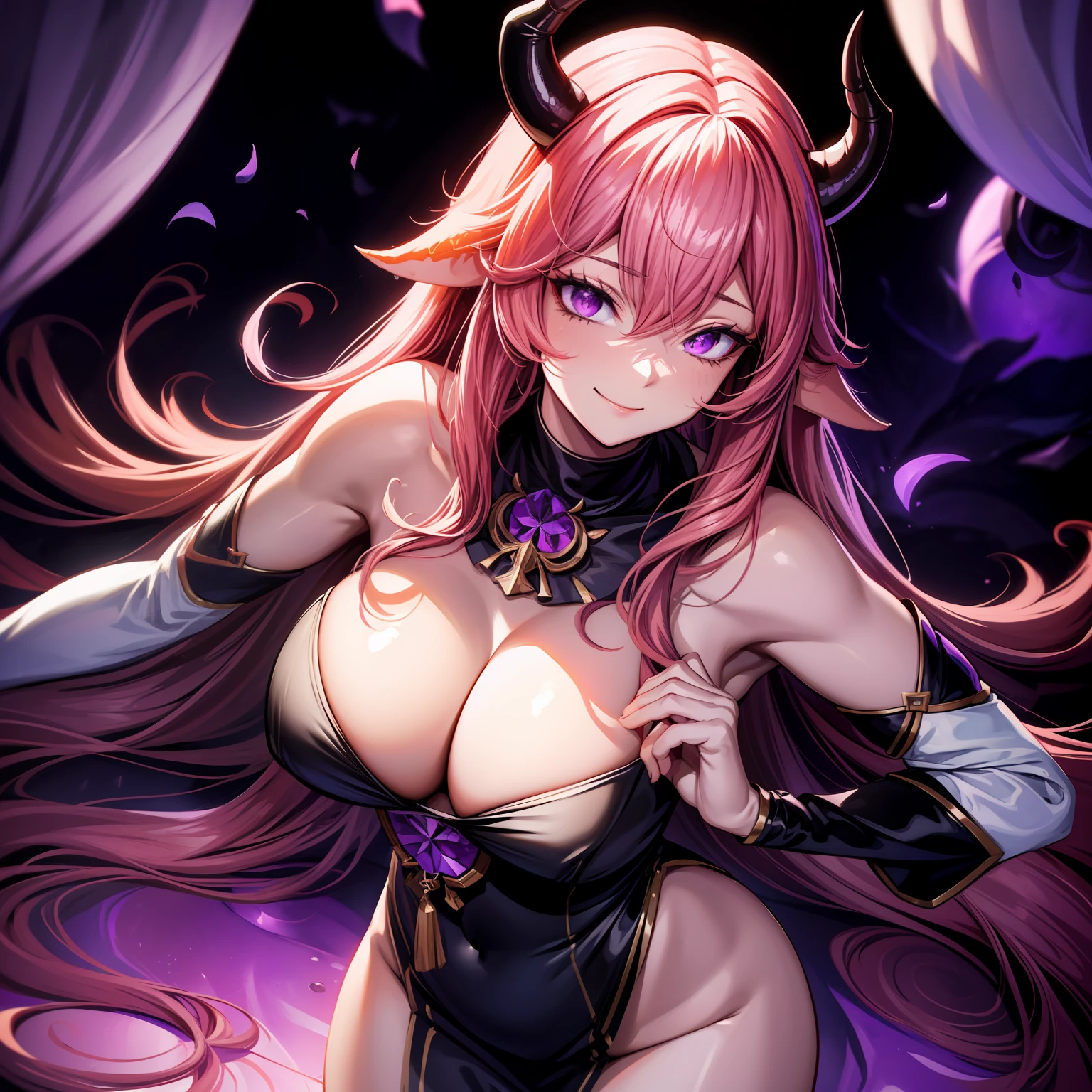 A female milf demon with black demon horn without clothes, ((Corpo nu)), sem roupa, pelada, ((demon horn)), cabelo de rapunzel cor-de-rosa extremamente longo, ((Cabelo de rapunzel cor-de-rosa)), White eyes of the demon, ((olhos brancos)), corpo volumoso com seios e busto enormes, ((seio e busto enormes)),Purple mist with purple energy particles and floor with red liquid, olhar perverso e vazio, sem brilho nos olhos, com um perverso, smile looking at the viewer in panoramic view;, Moda realista, sysie high definition details, fotografia, perspicacity, unique 850 4, Koda850 k portrait camera, Primavera F1.6, cores ricas, Textura super realista, textura de luz espetacular, arte surreal, Cinestil 800 mecanismo de moda