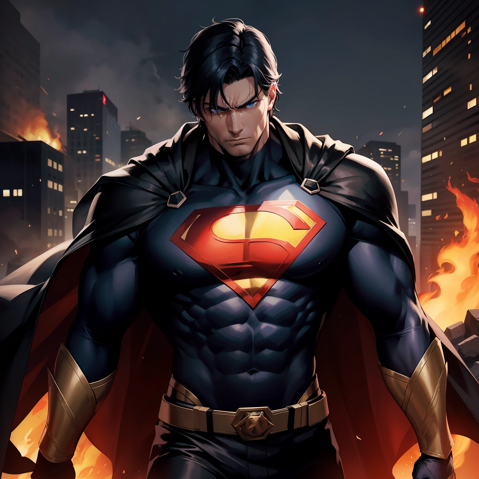 "With his imposing black suit, Superman flies through the skies, his classic comic book hair rippling in the wind as he heads to a burning city. The legendary "S" on his chest still glows red, representando sua verdadeira natureza heroica. Despite the gloomy appearance, His determined expression radiates courage and justice. His blue eyes shine with power and compassion, as he uses his incredible abilities to put out the flames and rescue the terrified citizens. The legendary hero, with his imposing presence and undeniable charisma, It is a ray of hope in the midst of destruction, bringing relief and security to those who need it most.”