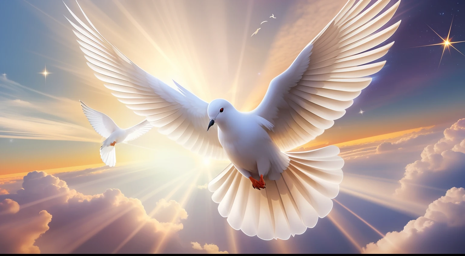 a white dove flying in the sky with a bright light coming out of it, pomba branca, holy spirit, ophanim has bird wings, pombas voando no portal, onde, em paz, Pombas, majestosas asas de pomba grande, she is arriving heaven, beautiful image ever created, luz celestial, background is celestial, papel de parede hd, celestial, heaven on earth, in sky