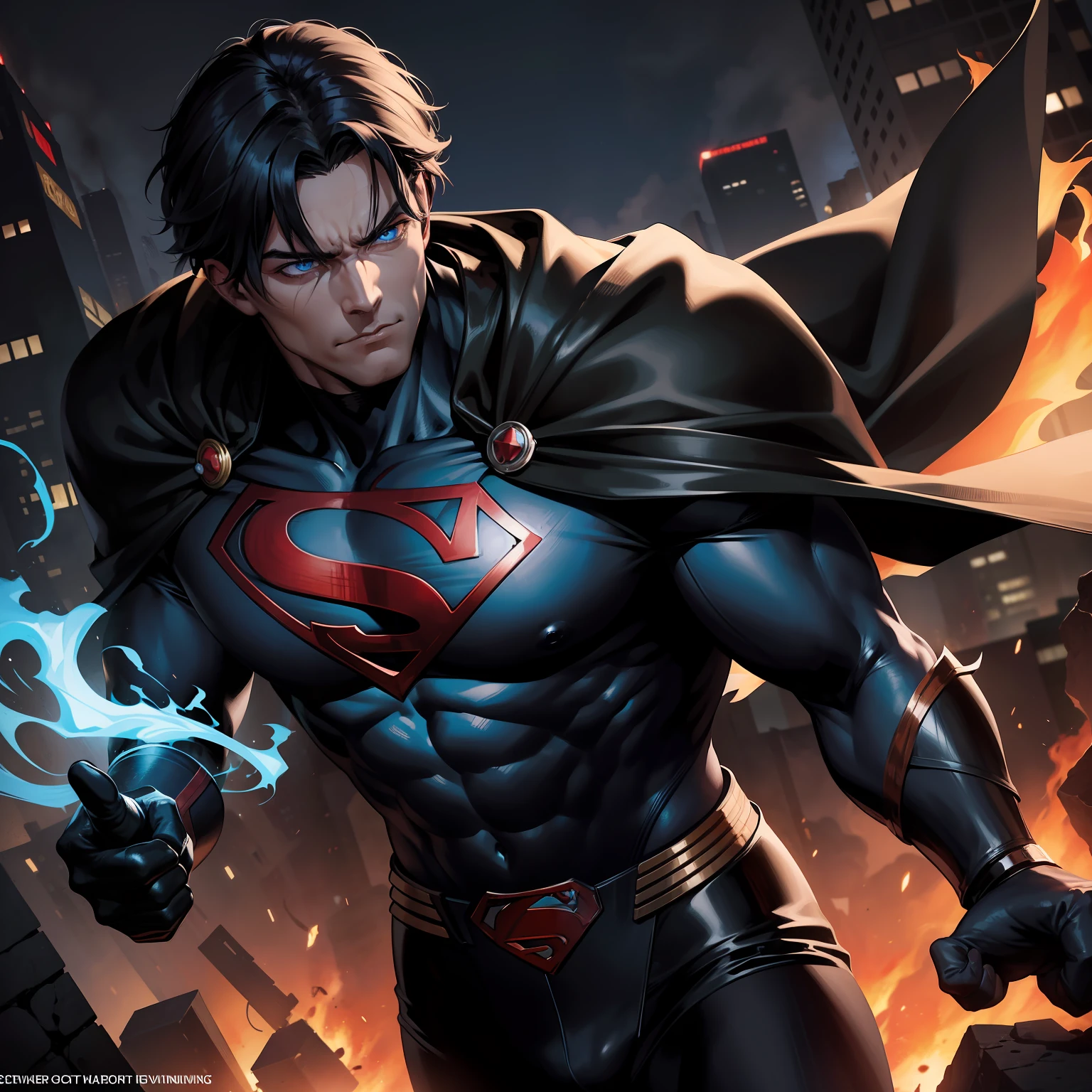 "With his imposing black suit, Superman flies through the skies, his classic comic book hair rippling in the wind as he heads to a burning city. The legendary "S" on his chest still glows red, representando sua verdadeira natureza heroica. Despite the gloomy appearance, His determined expression radiates courage and justice. His blue eyes shine with power and compassion, as he uses his incredible abilities to put out the flames and rescue the terrified citizens. The legendary hero, with his imposing presence and undeniable charisma, It is a ray of hope in the midst of destruction, bringing relief and security to those who need it most.”