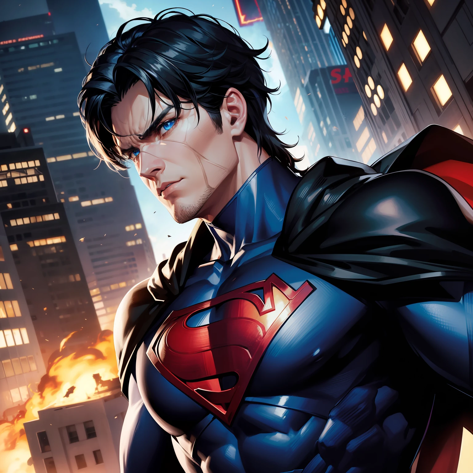 "With his imposing black suit, Superman flies through the skies, his classic comic book hair rippling in the wind as he heads to a burning city. The legendary "S" on his chest still glows red, representando sua verdadeira natureza heroica. Despite the gloomy appearance, His determined expression radiates courage and justice. His blue eyes shine with power and compassion, as he uses his incredible abilities to put out the flames and rescue the terrified citizens. The legendary hero, with his imposing presence and undeniable charisma, It is a ray of hope in the midst of destruction, bringing relief and security to those who need it most.”