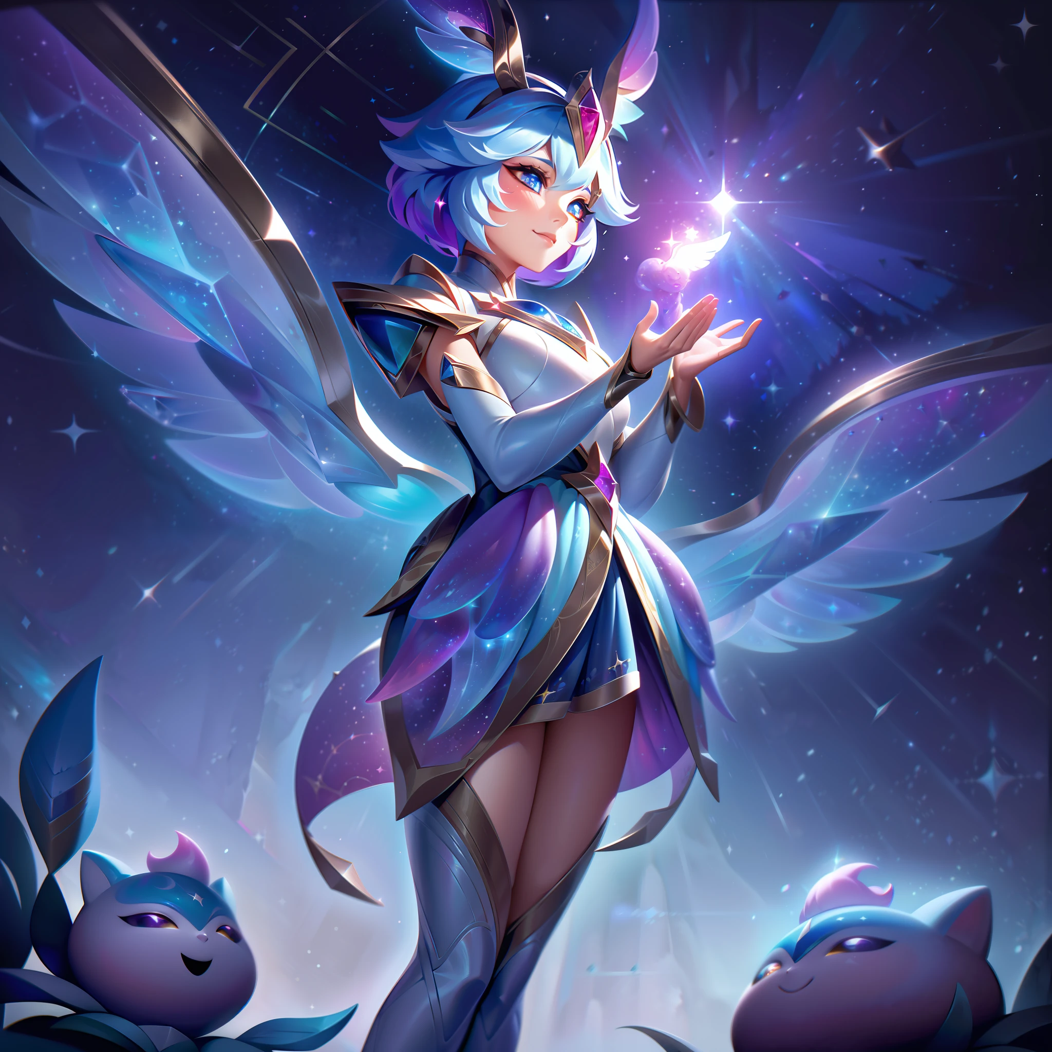 The Legendary Skin "Star Guardian Baembi" transforms the mischievous Forest Sprite into a radiant and magical Star Guardian, embodying the power of the stars and the spirit of protection.

In the splash art, Baembi's appearance undergoes a stunning metamorphosis. She now stands as a radiant Star Guardian, adorned in a celestial-themed armor and resplendent with starry motifs. Her clothing features elegant designs of stars and constellations, symbolizing her connection to the cosmos.

Baembi's eyes shimmer with celestial light, reflecting her role as a guardian of the stars. Her pose exudes confidence and determination, as if she is ready to defend her allies and uphold the balance of the universe.

Her wings have transformed into luminous and iridescent structures, radiating with starlight and cosmic energy.

In the background, a magical starry night sky unfolds, with twinkling stars and glowing constellations, adding to the sense of wonder and cosmic beauty.

The color palette is a captivating blend of cosmic hues, featuring deep blues, purples, and brilliant bursts of starlight, creating an enchanting and otherworldly atmosphere.