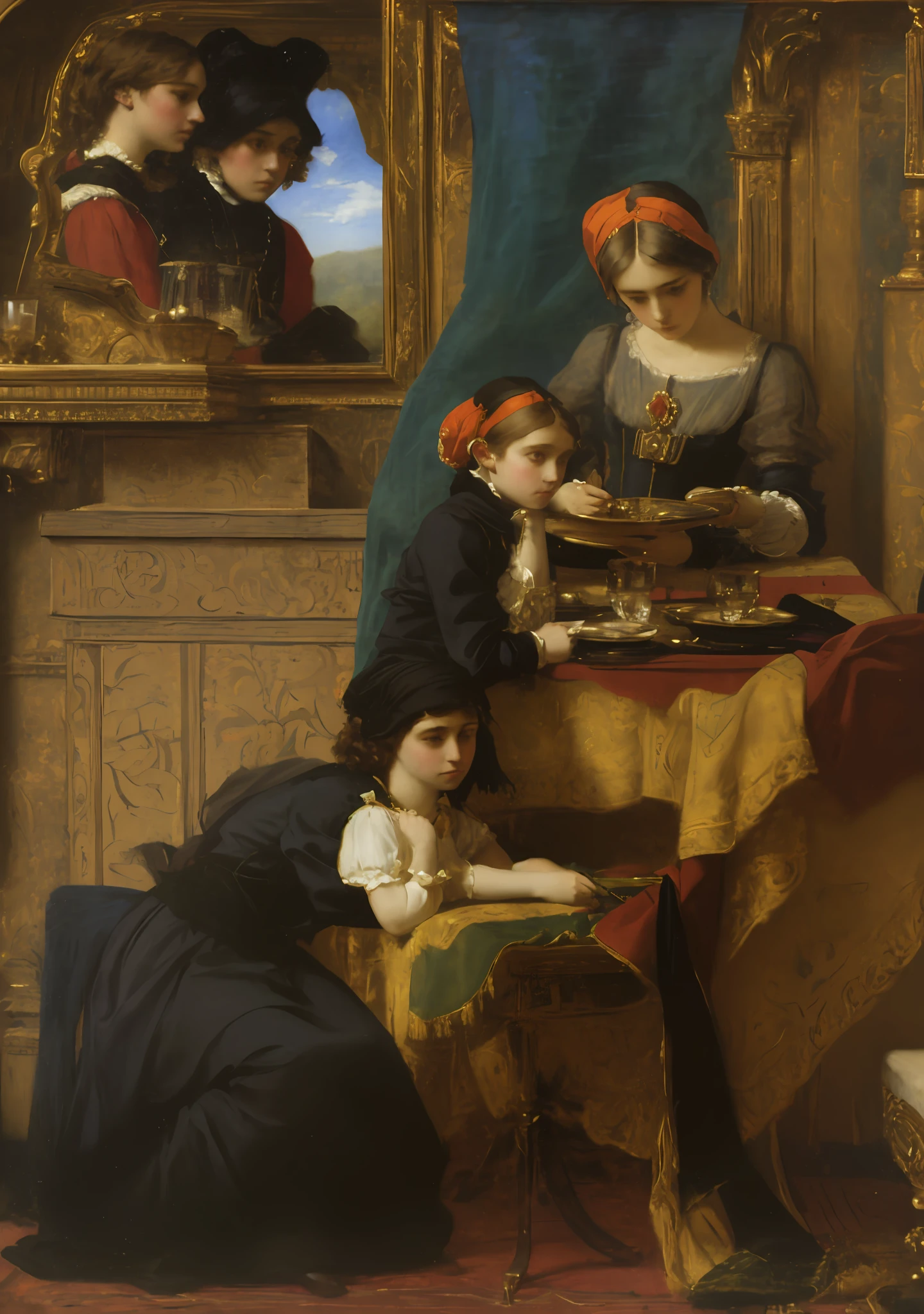 painting of a woman and child sitting at a table with a mirror, paul delaroche, in a high renaissance style, by Daniel Maclise, dominique ingres, in a renaissance style, inspired by Daniel Maclise, by Friedrich von Amerling, delaroche, inspired by Friedrich von Amerling, by Alexandre Cabanel, renaissance style