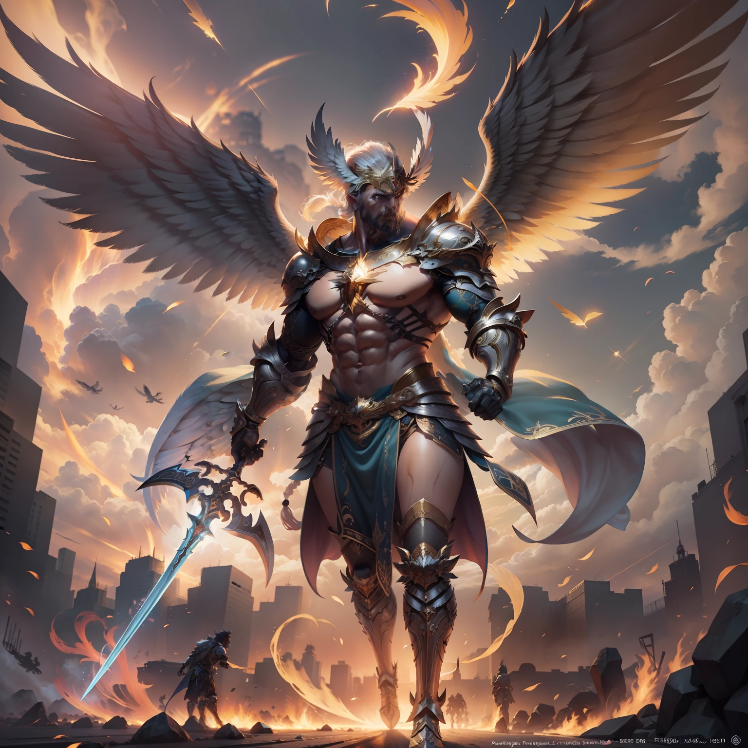 ultra realistic photo angel man warrior, golden wings, strong muscles, fire sword in hand, octane rendering, 16k UHD, high details, super detail, best quality, 8k