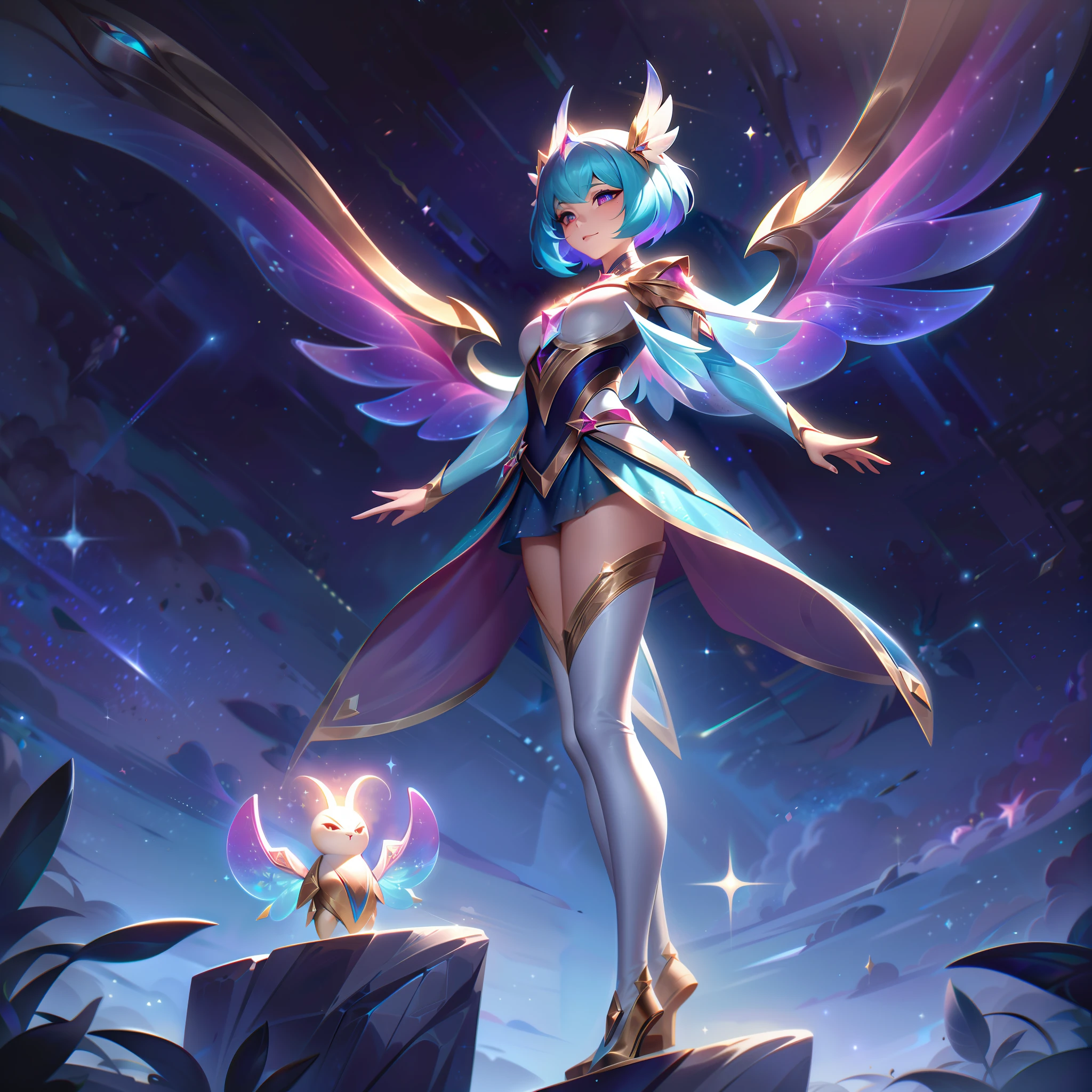 The Legendary Skin "Star Guardian Baembi" transforms the mischievous Forest Sprite into a radiant and magical Star Guardian, embodying the power of the stars and the spirit of protection.

In the splash art, Baembi's appearance undergoes a stunning metamorphosis. She now stands as a radiant Star Guardian, adorned in a celestial-themed armor and resplendent with starry motifs. Her clothing features elegant designs of stars and constellations, symbolizing her connection to the cosmos.

Baembi's eyes shimmer with celestial light, reflecting her role as a guardian of the stars. Her pose exudes confidence and determination, as if she is ready to defend her allies and uphold the balance of the universe.

Her wings have transformed into luminous and iridescent structures, radiating with starlight and cosmic energy.

In the background, a magical starry night sky unfolds, with twinkling stars and glowing constellations, adding to the sense of wonder and cosmic beauty.

The color palette is a captivating blend of cosmic hues, featuring deep blues, purples, and brilliant bursts of starlight, creating an enchanting and otherworldly atmosphere.