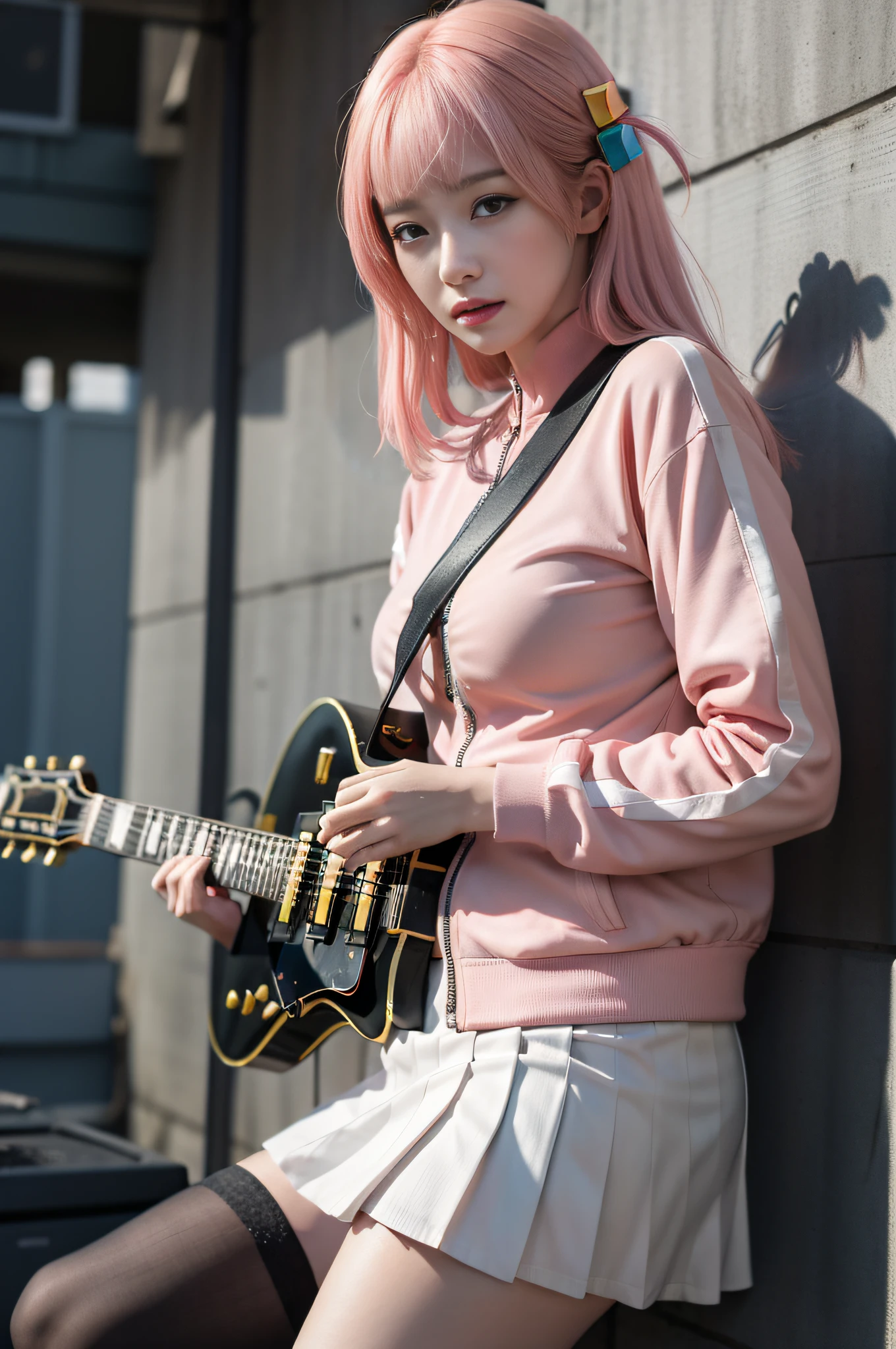 top-quality、Photorealsitic、8K、hight resolution、A pink-haired、bangss、