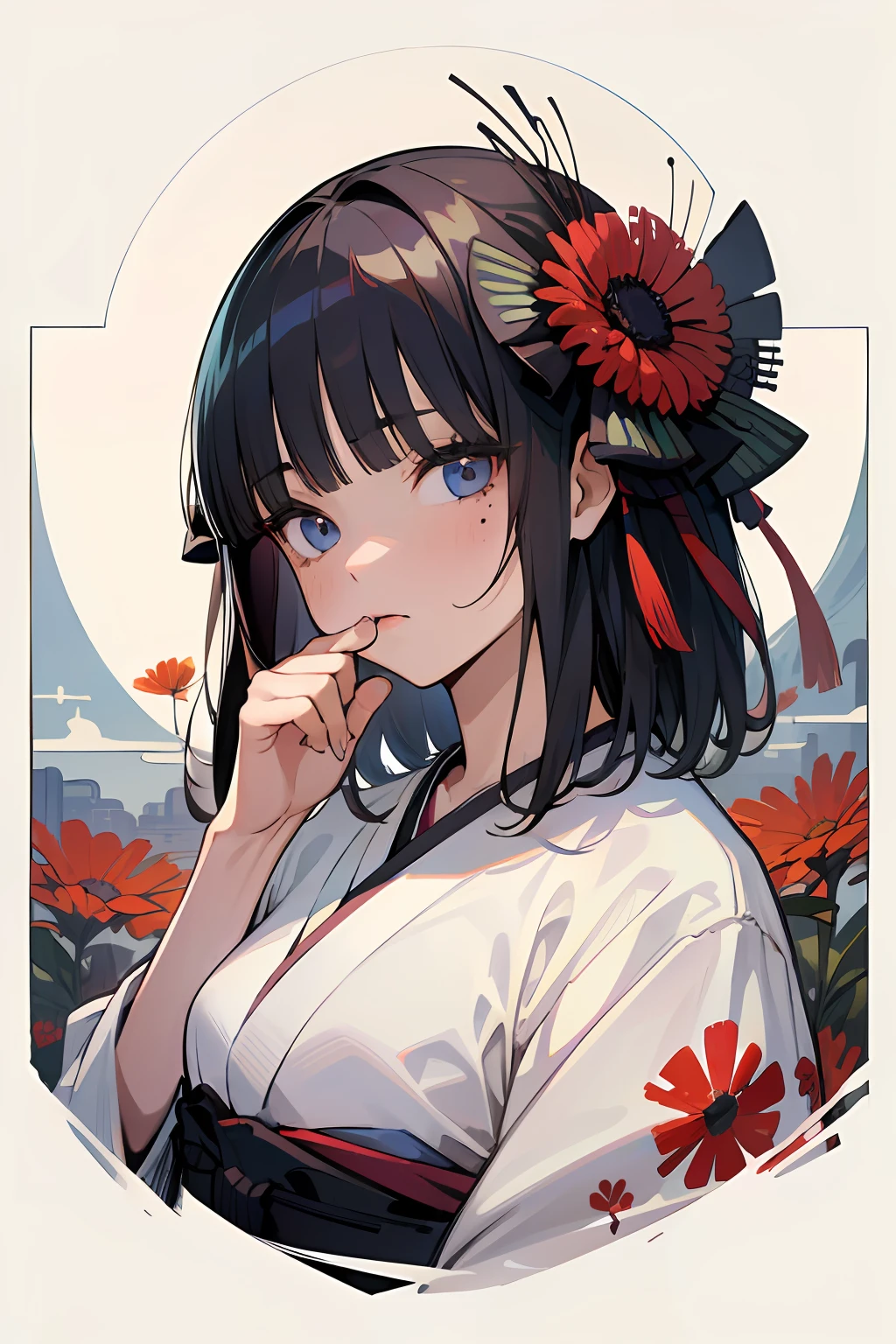 masterpiece,best quality,absurdres,original,extremely delicate and beautiful,beautiful detailed eyes and face,1girl, black_hair, flower, japanese_clothes, looking_at_viewer, mole, red_flower, solo,(masterpiece:1.4),(best quality:1.4),chch-style