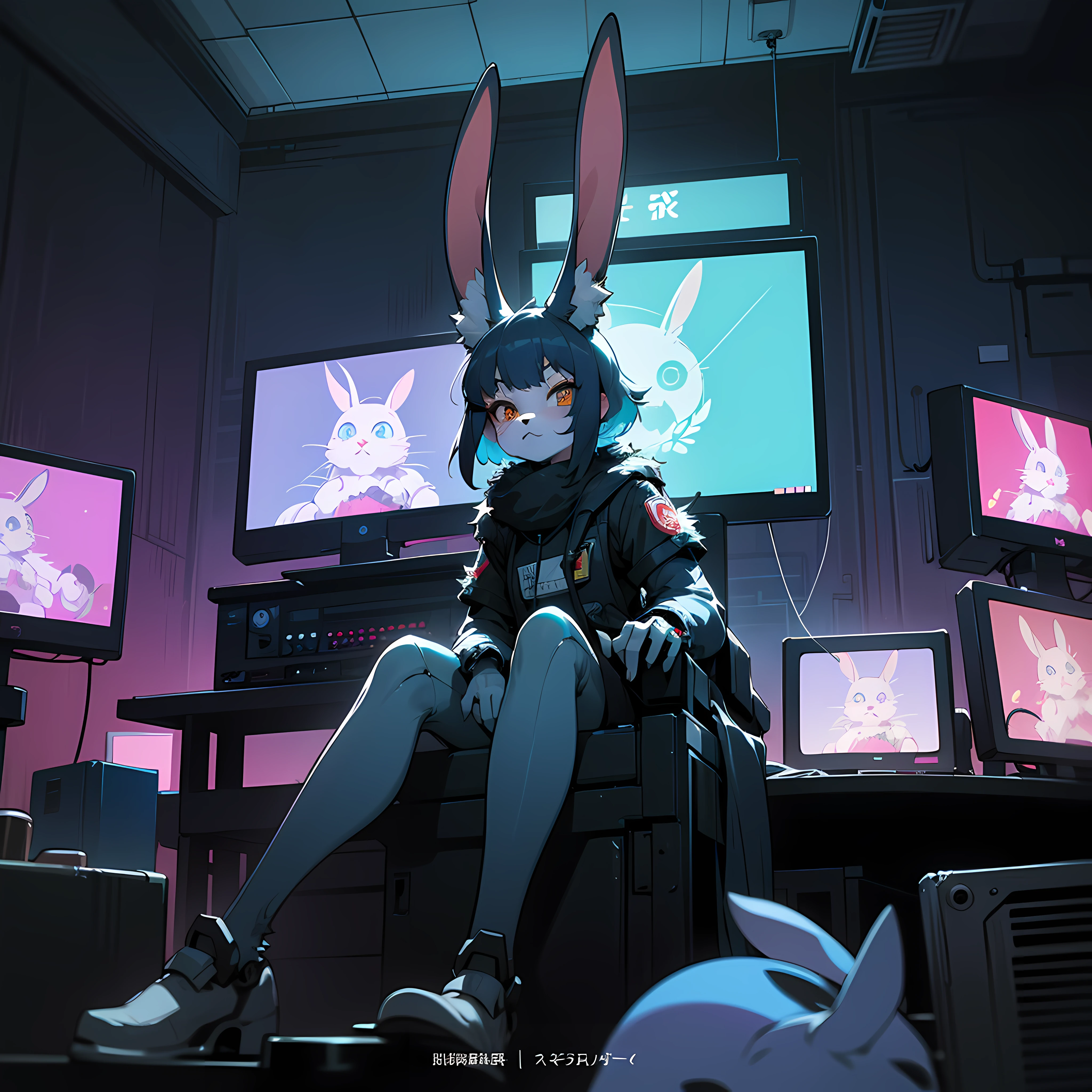 crt cel animated screencap of a still from an animated 1980s masamume shirow anime about a cyberpunk anthro kemono furry blue rabbit girl who patrols the streets with a technokatana looking for criminal robots, (blame! style abandoned tech landscape), (Zen, Amy Sol style), (((beats to relax/study to))), (((Lofi anthro kemono blue-furred rabbit girl in power armor sitting in metal chair behind computer terminal, behind giant glass terminal screen, beats to relax/study to))), (((blue kemono beastars furry rabbit anime hacker with small soft furry paws))), (((suspended glass cyberpunk computer terminals with robot rabbit in background))), ((glowing cyberdeck screens)), (underground, dark, foggy, perilous, abandoned dystopian apartment bedroom, deep windows), (abstract anthro rabbit figure wearing bunny ears), cover art with light abstraction, abstract, simple vector art, contemporary Cybernetic art, color gradients, soft color palettes, layered forms, whimsical animation, style Ethereal abstract, 4K, --v6