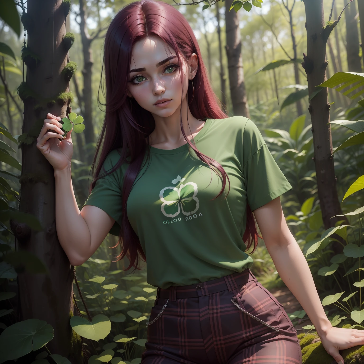 garota 20 anos, cabelo vermelhos, olhos verdes, leves sarnas no rosto, batam roxo, blusa verde, Red plaid pants holding a 4-leaf clover in a forest ( imagem perfeita full 4k)