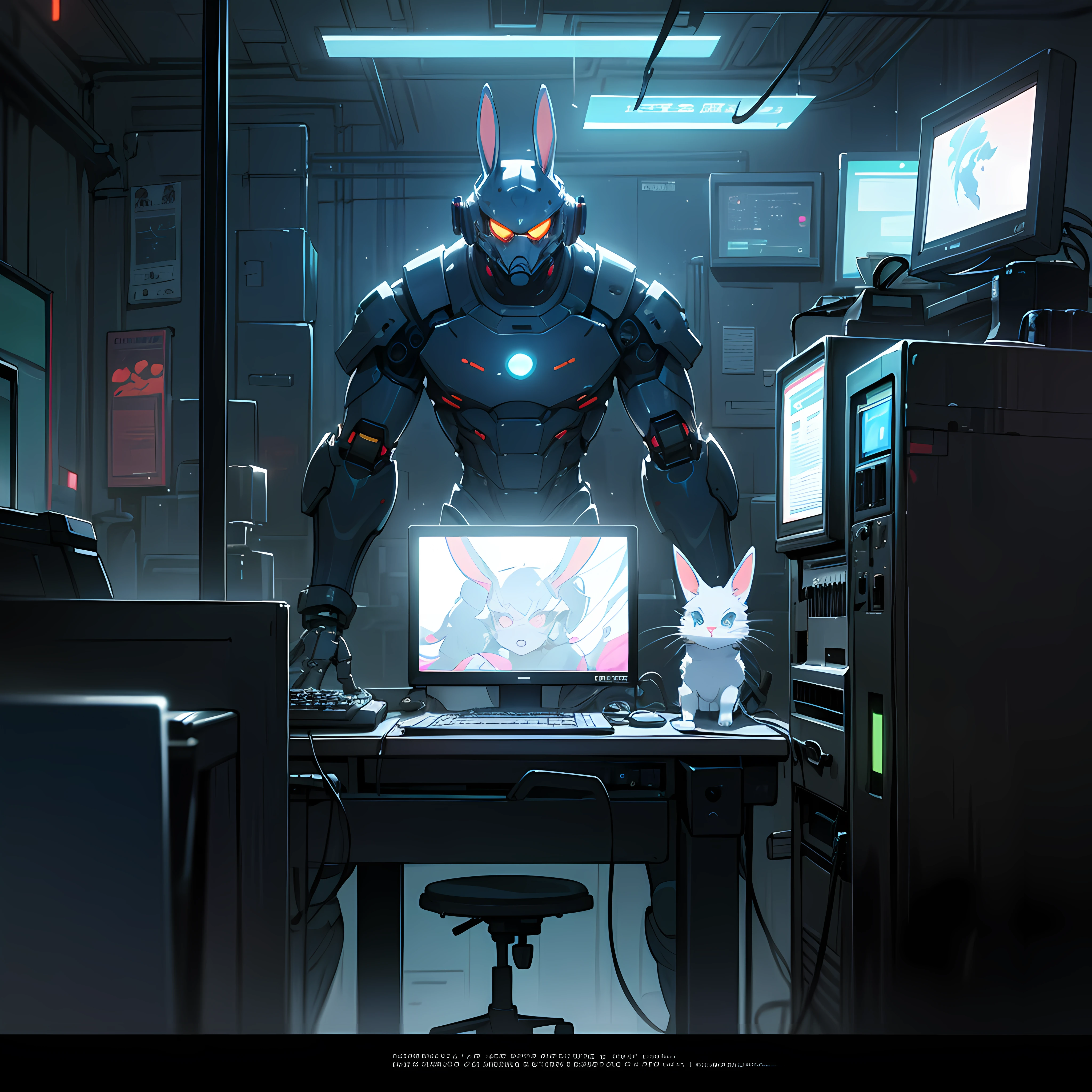 crt cel animated screencap of a still from an animated 1980s masamume shirow anime about a cyberpunk anthro kemono furry blue rabbit girl who patrols the streets with a technokatana looking for criminal robots, (blame! style abandoned tech landscape), (Zen, Amy Sol style), (((beats to relax/study to))), (((Lofi anthro kemono blue-furred rabbit girl in power armor sitting in metal chair behind computer terminal, behind giant glass terminal screen, beats to relax/study to))), (((blue kemono beastars furry rabbit anime hacker with small soft furry paws))), (((suspended glass cyberpunk computer terminals with robot rabbit in background))), ((glowing cyberdeck screens)), (underground, dark, foggy, perilous, abandoned dystopian apartment bedroom, deep windows), (abstract anthro rabbit figure wearing bunny ears), cover art with light abstraction, abstract, simple vector art, contemporary Cybernetic art, color gradients, soft color palettes, layered forms, whimsical animation, style Ethereal abstract, 4K, --v6