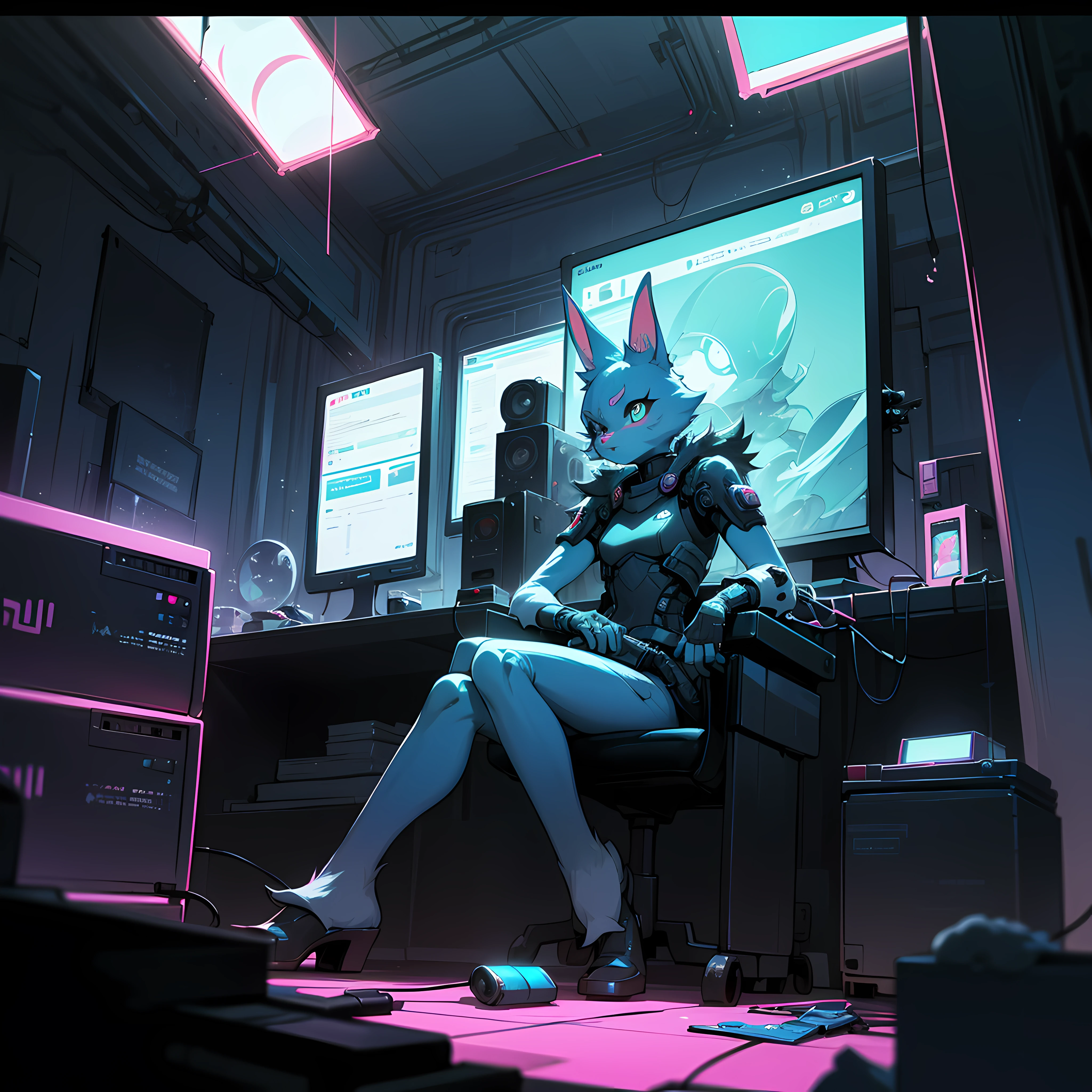 crt cel animated screencap of a still from an animated 1980s masamume shirow anime about a cyberpunk anthro kemono furry blue rabbit girl who patrols the streets with a technokatana looking for criminal robots, (blame! style abandoned tech landscape), (Zen, Amy Sol style), (((beats to relax/study to))), (((Lofi anthro kemono blue-furred rabbit girl in power armor sitting in metal chair behind computer terminal, behind giant glass terminal screen, beats to relax/study to))), (((blue kemono beastars furry rabbit anime hacker with small soft furry paws))), (((suspended glass cyberpunk computer terminals with robot rabbit in background))), ((glowing cyberdeck screens)), (underground, dark, foggy, perilous, abandoned dystopian apartment bedroom, deep windows), (abstract anthro rabbit figure wearing bunny ears), cover art with light abstraction, abstract, simple vector art, contemporary Cybernetic art, color gradients, soft color palettes, layered forms, whimsical animation, style Ethereal abstract, 4K, --v6