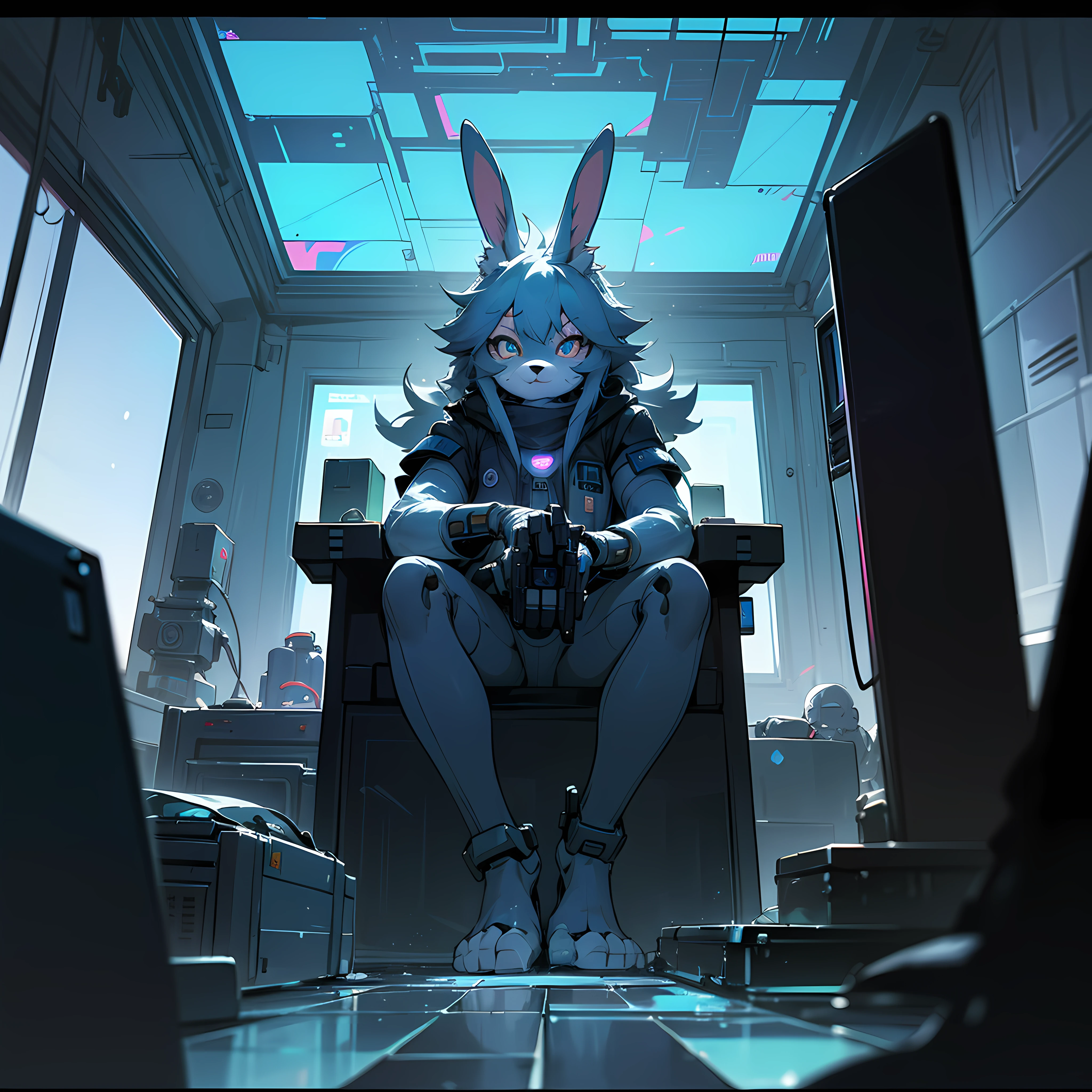 crt cel animated screencap of a still from an animated 1980s masamume shirow anime about a cyberpunk anthro kemono furry blue rabbit girl who patrols the streets with a technokatana looking for criminal robots, (blame! style abandoned tech landscape), (Zen, Amy Sol style), (((beats to relax/study to))), (((Lofi anthro kemono blue-furred rabbit girl in power armor sitting in metal chair behind computer terminal, behind giant glass terminal screen, beats to relax/study to))), (((blue kemono beastars furry rabbit anime hacker with small soft furry paws))), (((suspended glass cyberpunk computer terminals with robot rabbit in background))), ((glowing cyberdeck screens)), (underground, dark, foggy, perilous, abandoned dystopian apartment bedroom, deep windows), (abstract anthro rabbit figure wearing bunny ears), cover art with light abstraction, abstract, simple vector art, contemporary Cybernetic art, color gradients, soft color palettes, layered forms, whimsical animation, style Ethereal abstract, 4K, --v6