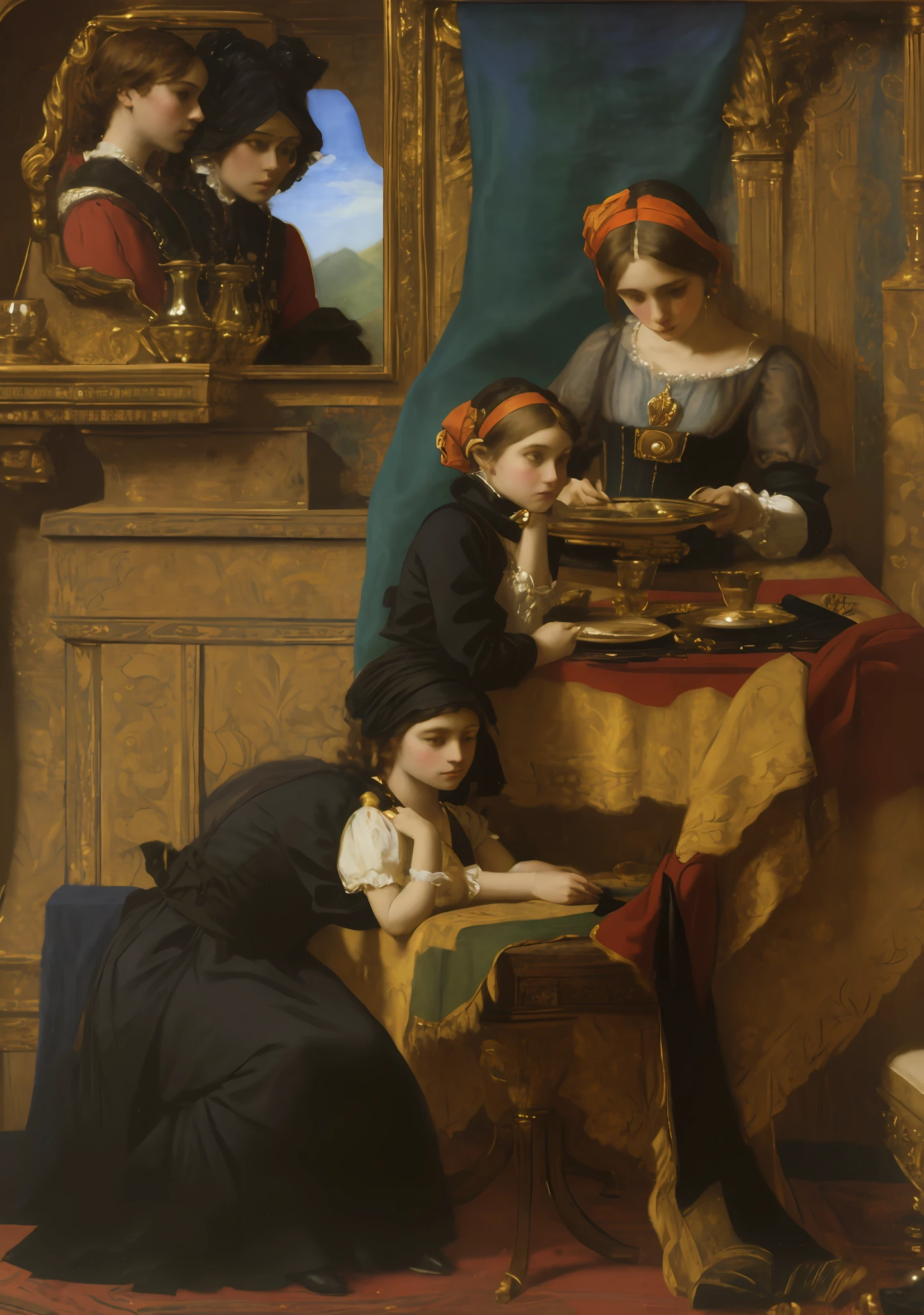 painting of a woman and child sitting at a table with a mirror, paul delaroche, in a high renaissance style, by Daniel Maclise, dominique ingres, in a renaissance style, inspired by Daniel Maclise, by Friedrich von Amerling, delaroche, inspired by Friedrich von Amerling, by Alexandre Cabanel, renaissance style