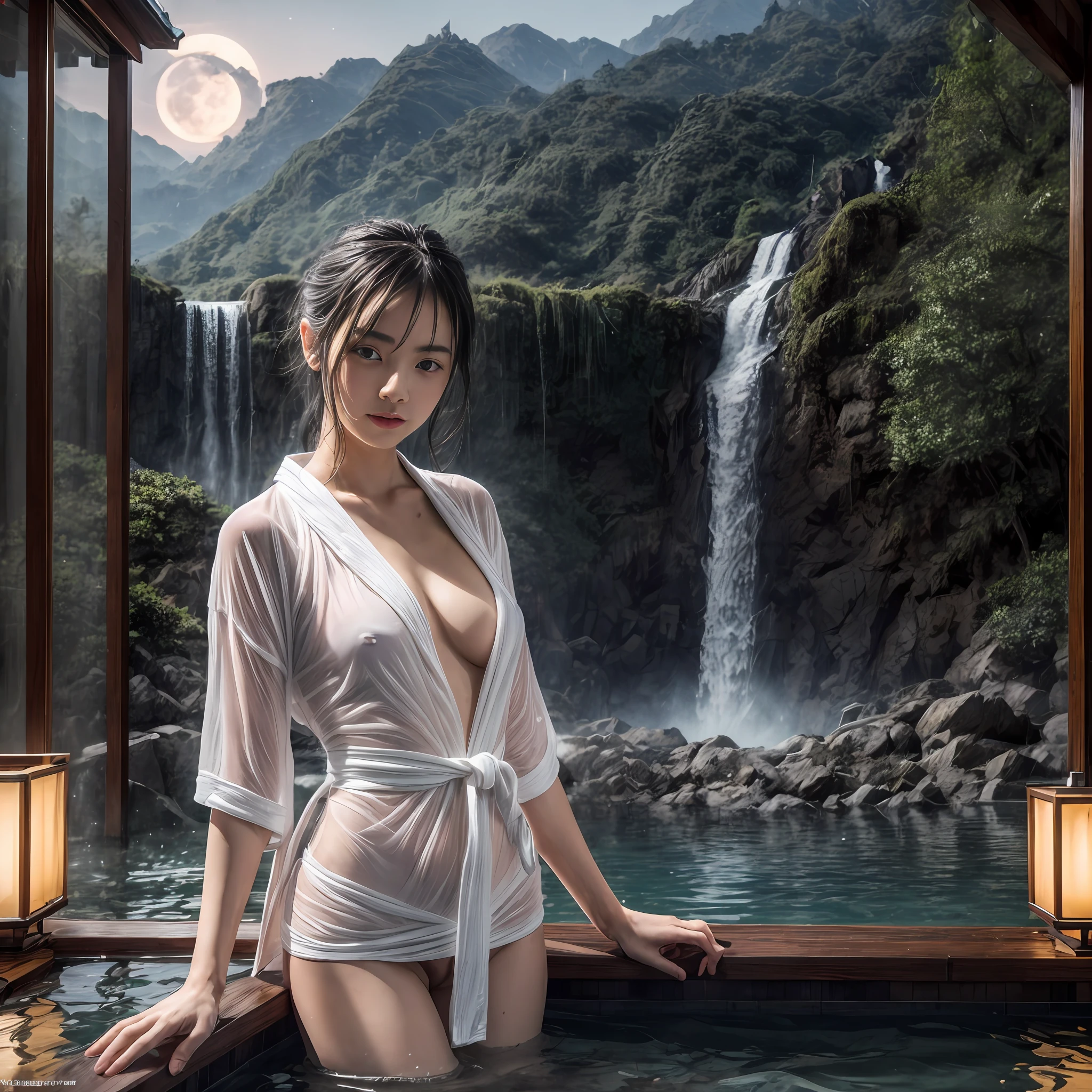 ((bestquality)), ((masterpiece)), (Girls bathing in an onsen under a mountain waterfall..) ,(View through white bathrobe, no bra , without panties ), transparent, gradient , Perfect body , Upper body focus , wet , Wet hair , Wet skin , mountain , steam , (Night view, moon light) , masterpiece quality, insane details , UHD, ultra-high resolution, (photorealistic portrait:1.4), official art, (10, RAW photo:1.2),