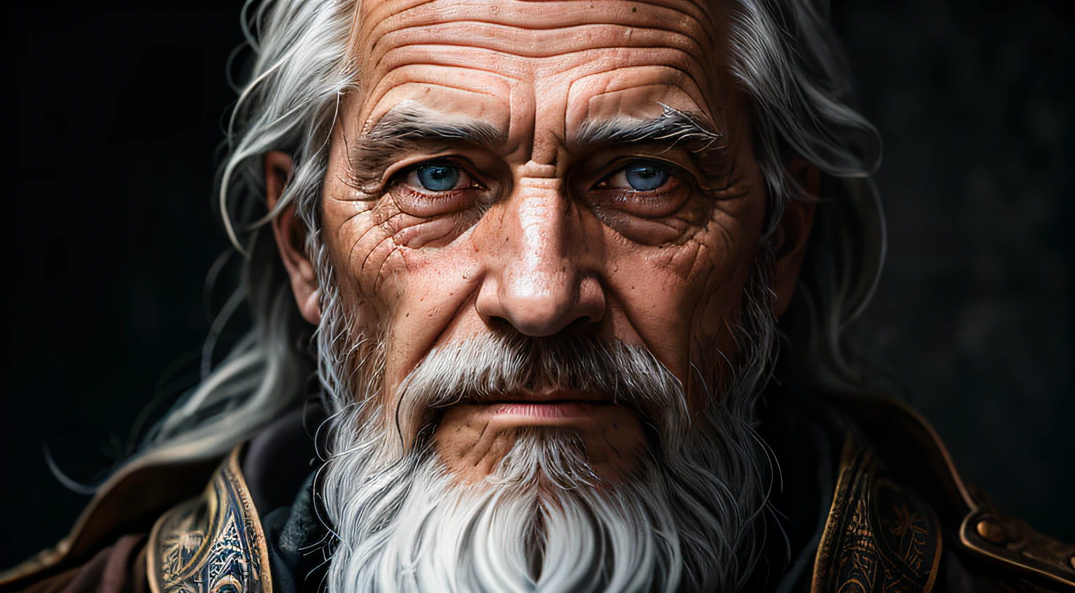 A portrait of a wizard, bearded, wrinkled, weathered, with piercing eyes, detailed face, high details, photography, dark studio, rim light, Nikon D850, 50mm, f/1.4