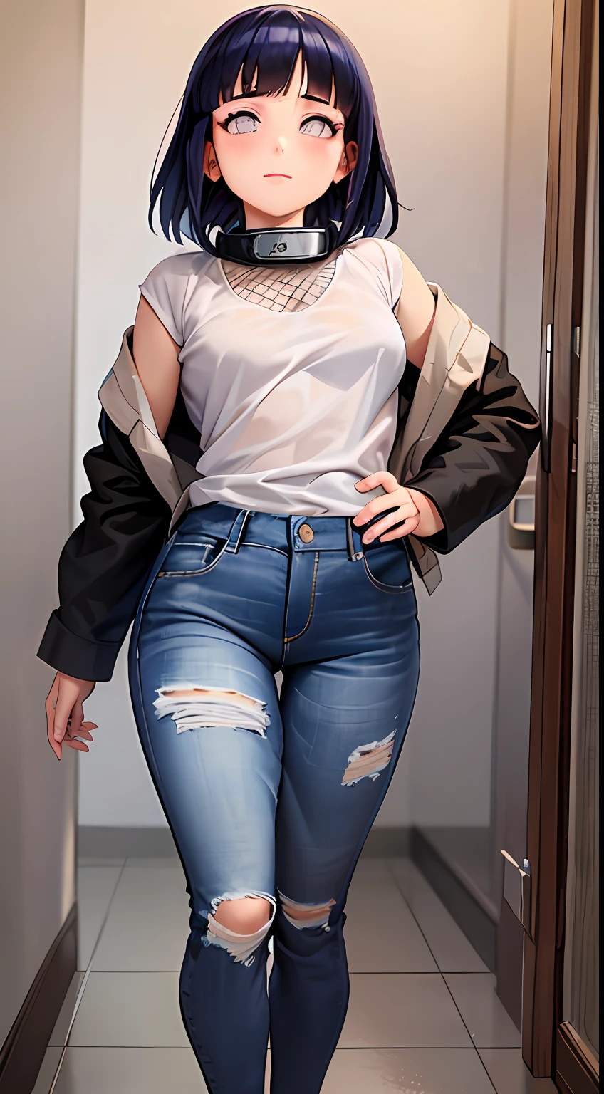 obra-prima, Altas, alta qualidade, rosto detalhado, render corpo detalhado, 1girl, sozinho, hyuuga hinata, hinata-sleevless-outfit, seios pequenos, Small thorax, quadril largo, coxas grossas, camisa sem mangas, top, tampo da rede de pesca, Dark lips, no-bra, seios para fora, Dope, standingn, Blushes, (no quarto), tight jeans