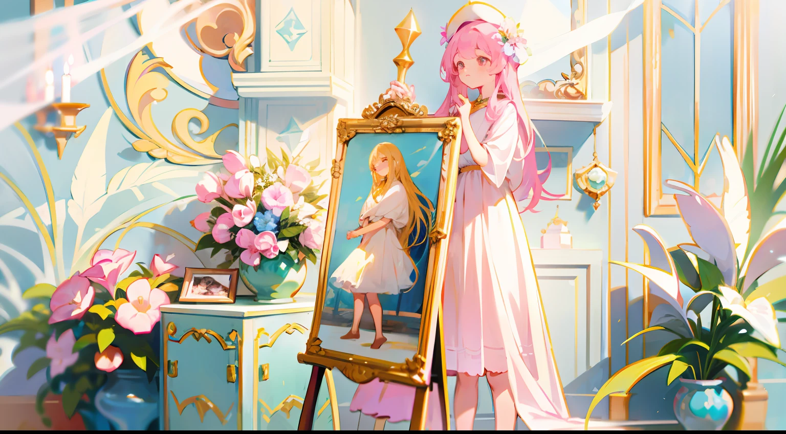 In front of the wall there is an easel with mirror and chairs, Ethereal and dreamy theme, in a white boho style studio, dreamy and detailed, bright studio setting, dreamy atmosphere and drama, Dreamy atmosphere, Gorgeous and complex background, baroque style painting backdrop, ethereal details, romantic setting, dreamy scenes, dreamy ethereal vibe, Dreamy style, Dreamy and ethereal，Meadow surrounded by flowers，There are European-style door frames on the grass，White lace scarf draped over the door frame，In front of the door frame is an easel，Flowers on easel photo frame，Dreamcatcher.com，On the left is the cabinet，The cabinet is covered with candles and flowers，Beautiful scene，exquisitedetails，rays of sunshine，Warm lighting，natural soft light，white colors，in pink，higher details