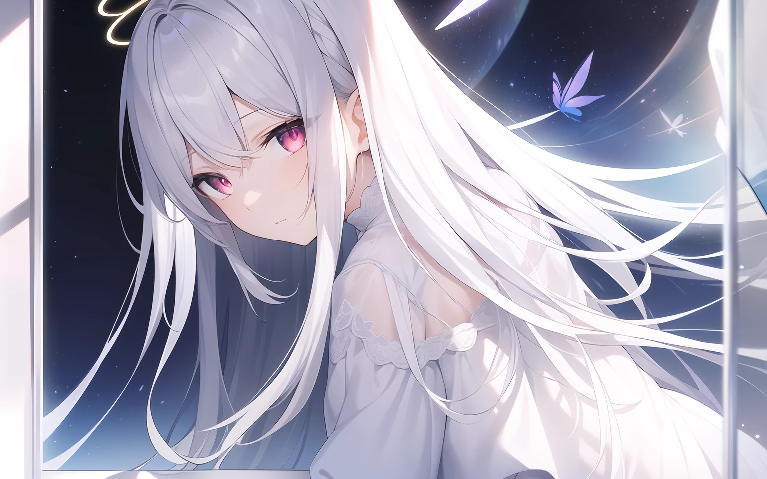 ((Masterpiece, Best quality))++, Detailed light+, Detail hair+, detail hand+ ,1girll, woman, Long hair, dark red eye, Beautiful eyes, Young gray hair,,(Beautiful white hair:1.5),(Beautiful detailed eyes), high resolution+, The shirt , White skirt, Glass tones, Reflective eyes, ((Halo)), {{Angle}} , extremelydetailedwallpaper, Original, butterflys