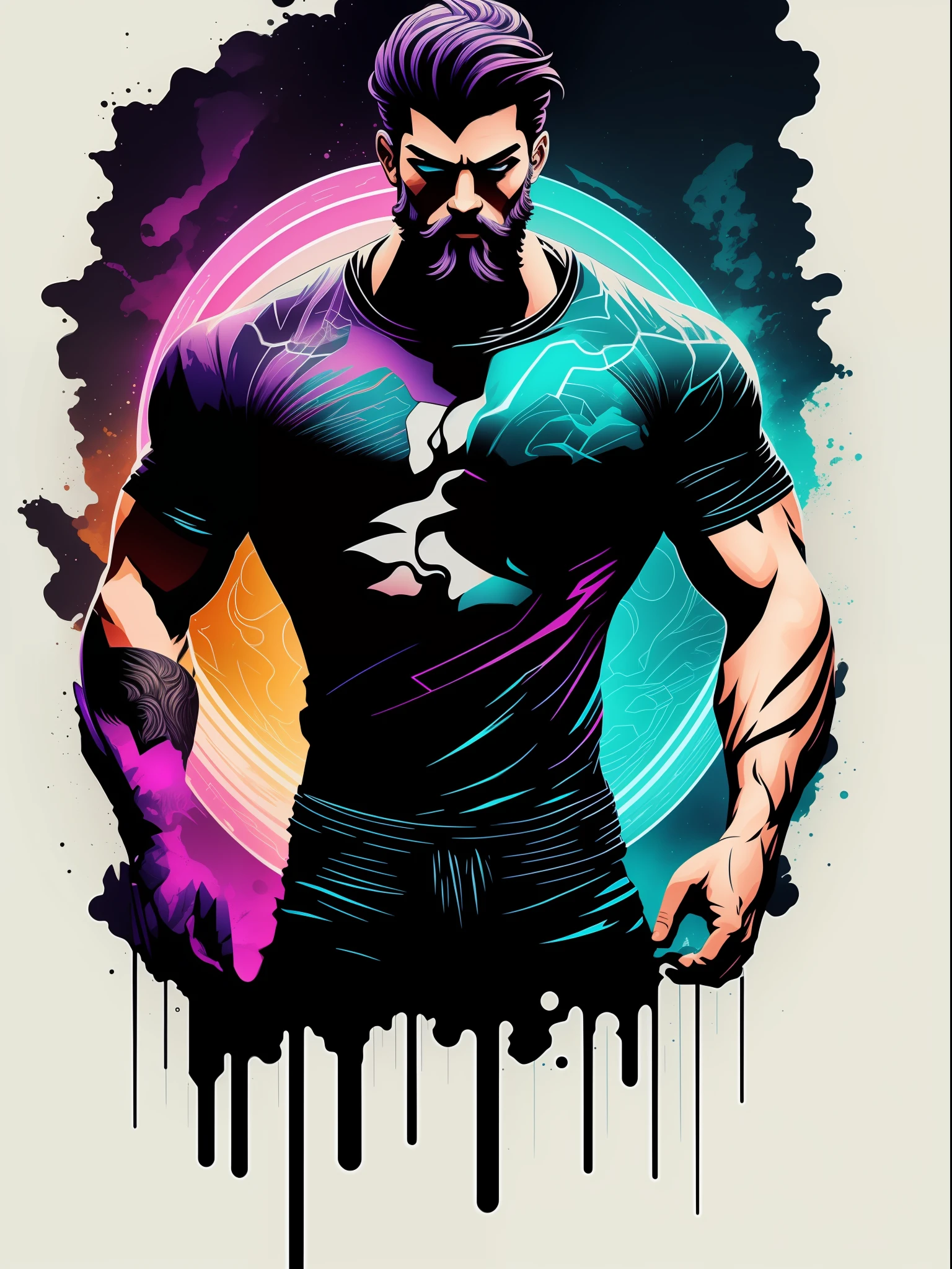 Zeus, 2D t-shirt art, Cyberpunk, epic illustration, vector, 2d illustration, black background, very colorful, full gradient modern colors, Focused, front view