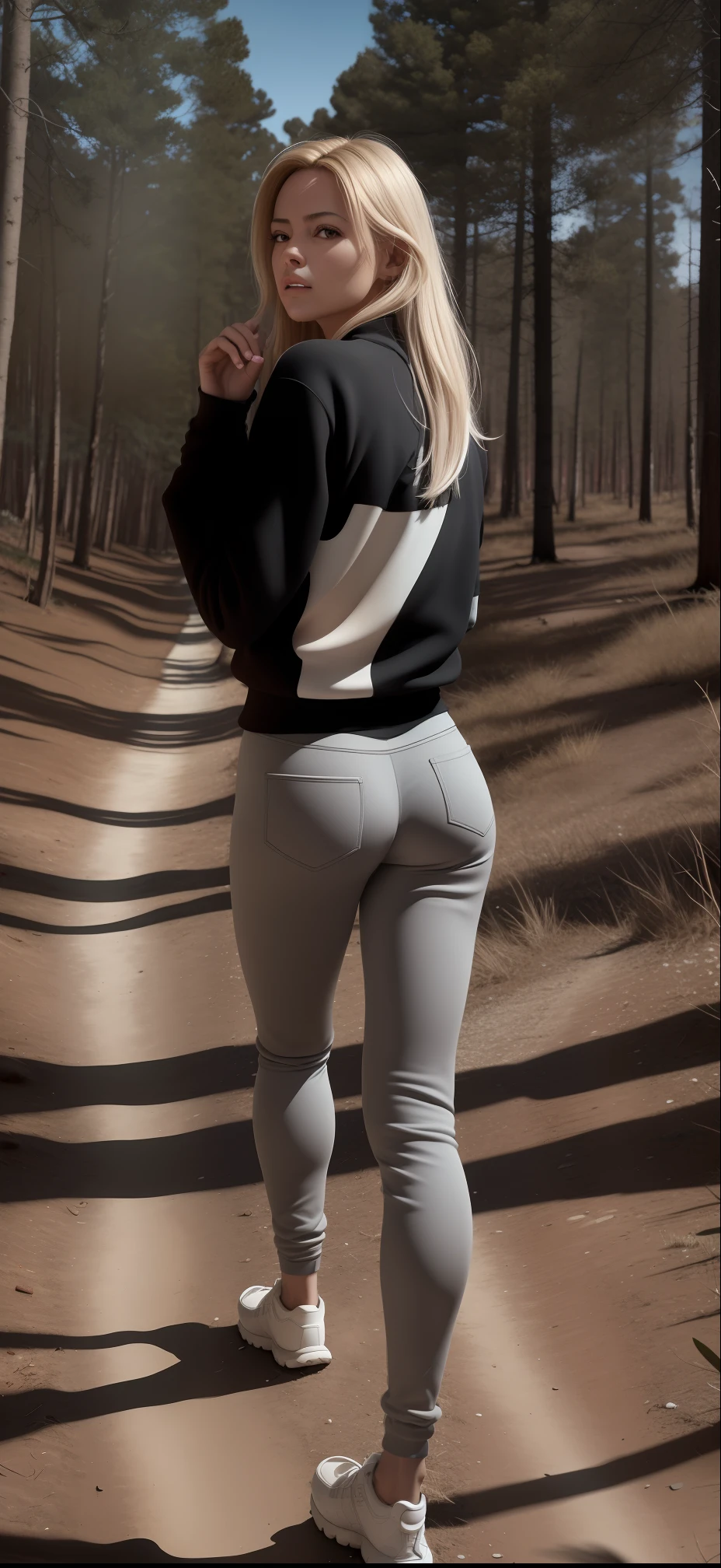 A beautiful Swedish woman on her back in gray pants and black sweatshirt walking down a dirt road, Narrow thieves, cabelos ondulados, cabelos presos, corpo atletico, corpo perfeito, corpo de modelo, corpo de uma mulher atraente, standing in the forest, standing in the forrest, desfrutando de um passeio na floresta, coxas expostas!!!, quadris estreitos, em frente a um fundo de floresta, roupa apertada, standing in a forest, usando roupas simples e apertadas, caminhando em uma floresta, Curvando, fotografiarrealista, fotografia, obra-prima, realista, Realismo, renderizado, Alto contraste, Arte Digital, fotográficorealista, trend in Artstation 8k HD, High definition, circunstanciado, Realistic;, detalhada, textura da pele, hiperdetalhada, Textura realista da pele melhor qualidade, ultra high-resolution, (fotografiarrealista: 1.4), alta resolução, detalhada, fotografia crua, sharp re, Nikon D850 Film Stock Photography 4 Camera Kodak Portra 400 Lens F1.6 pale colors hyper realistic texture dramatic lighting unreal trend in artstation cinestill 800, ...RAW, ((Alto contraste)), Directed by: Directed by: Lee Jeffreis.