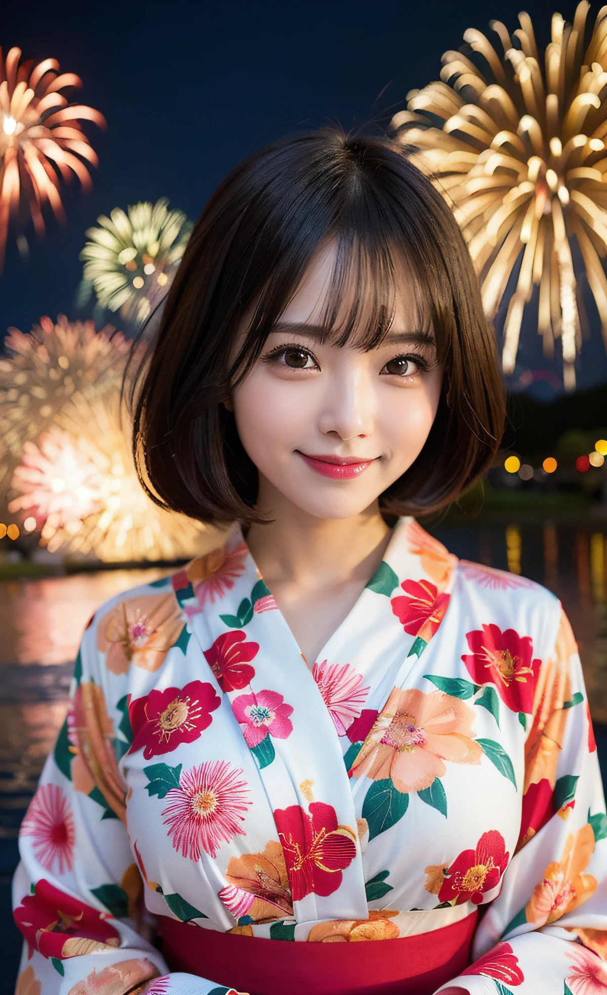 Fireworks Display,8K,Professional Lighting ,Aerial perspective ,超A high resolution ,(photographrealistic: 1.1) ,Detailed face ,Cute Girl ,Patterned yukata ,A slight smil ,Fireworks ,the pose ,(Breast bulge: 1.1) ,Soft light ,Big rivers ,bob cuts ,