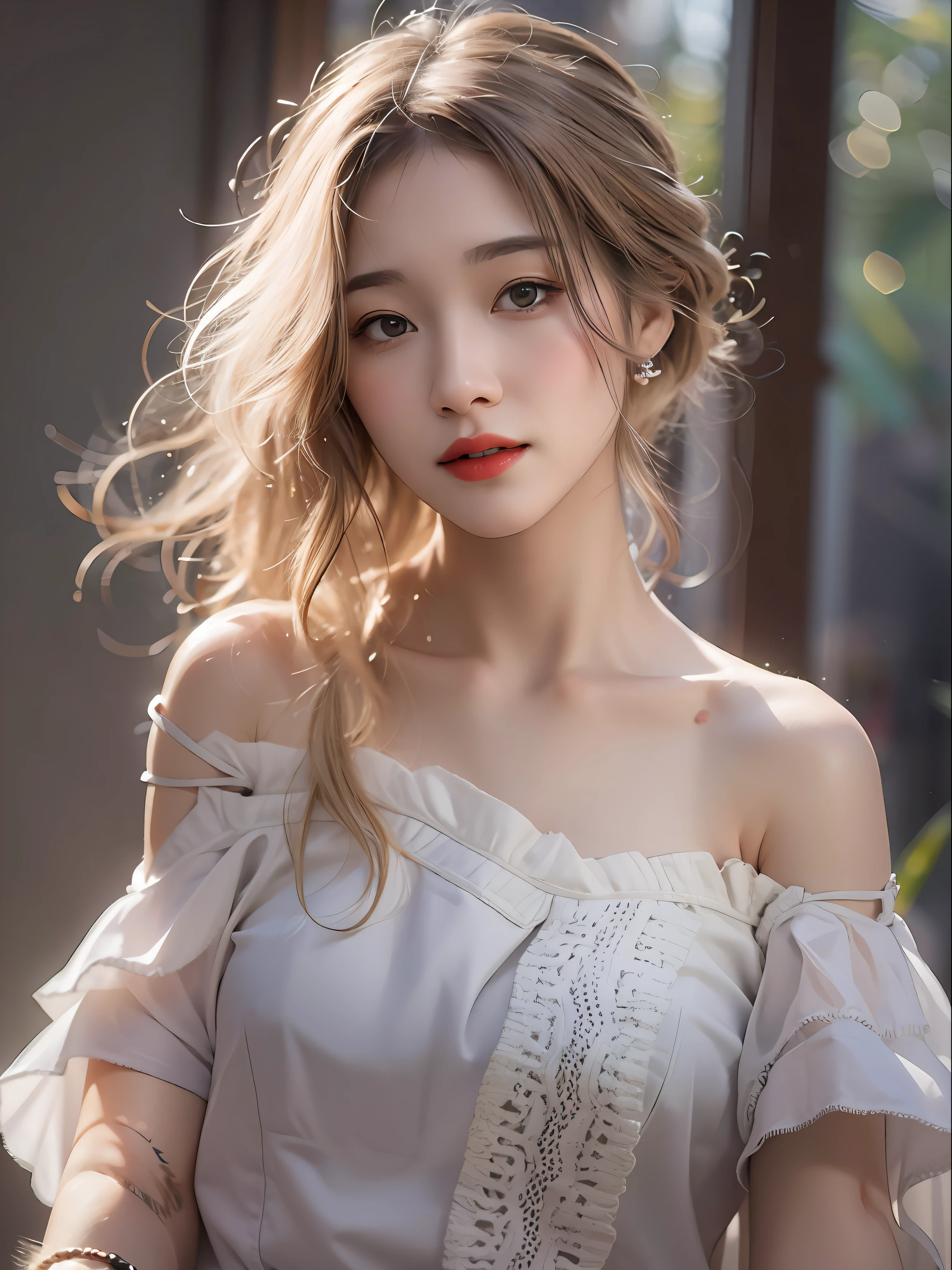 best quality, masterpiece, ultra high res, photorealistic, 1girl, offshoulder, titter