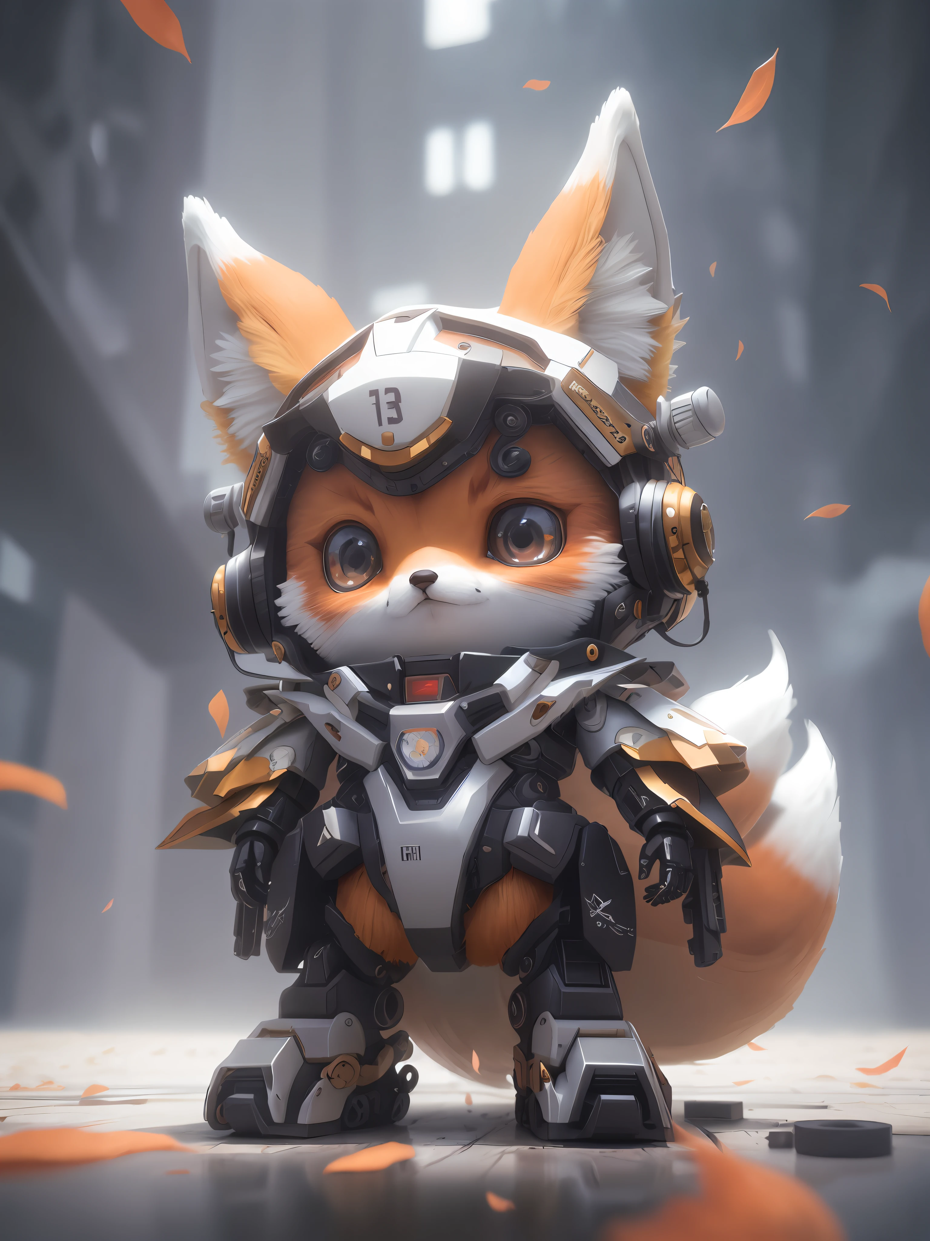3dcreature cute fox wearing mecha,large eyes,Chibi T-Shi,Lifelike,Hyper-realistic,Ultra Verbose,analog style,Hips upturned,dignified,Detailed skin,Matte skin,softly lit,sub-surface Scattering,Lifelike、Heavy shadows、The Masterpiece、best qulity、ultra realistis、8K、the golden ratio、intricated、high detaild、Film photography、softfocus