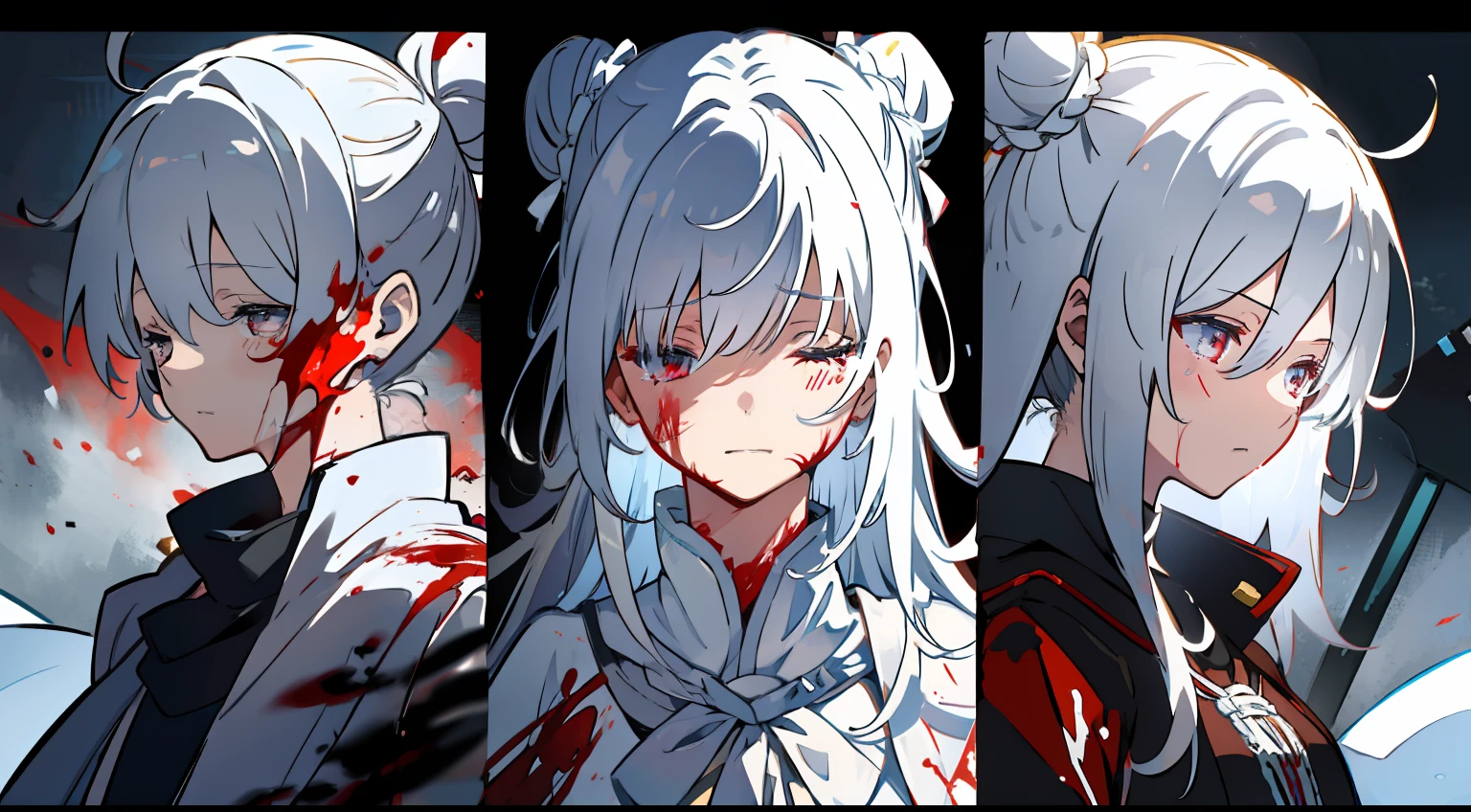 One girl、Open your eyes、crying how bright、masterpiece、Top image quality、white hair、Bun hair、Return blood、bloods、battle field、Manteau blanc