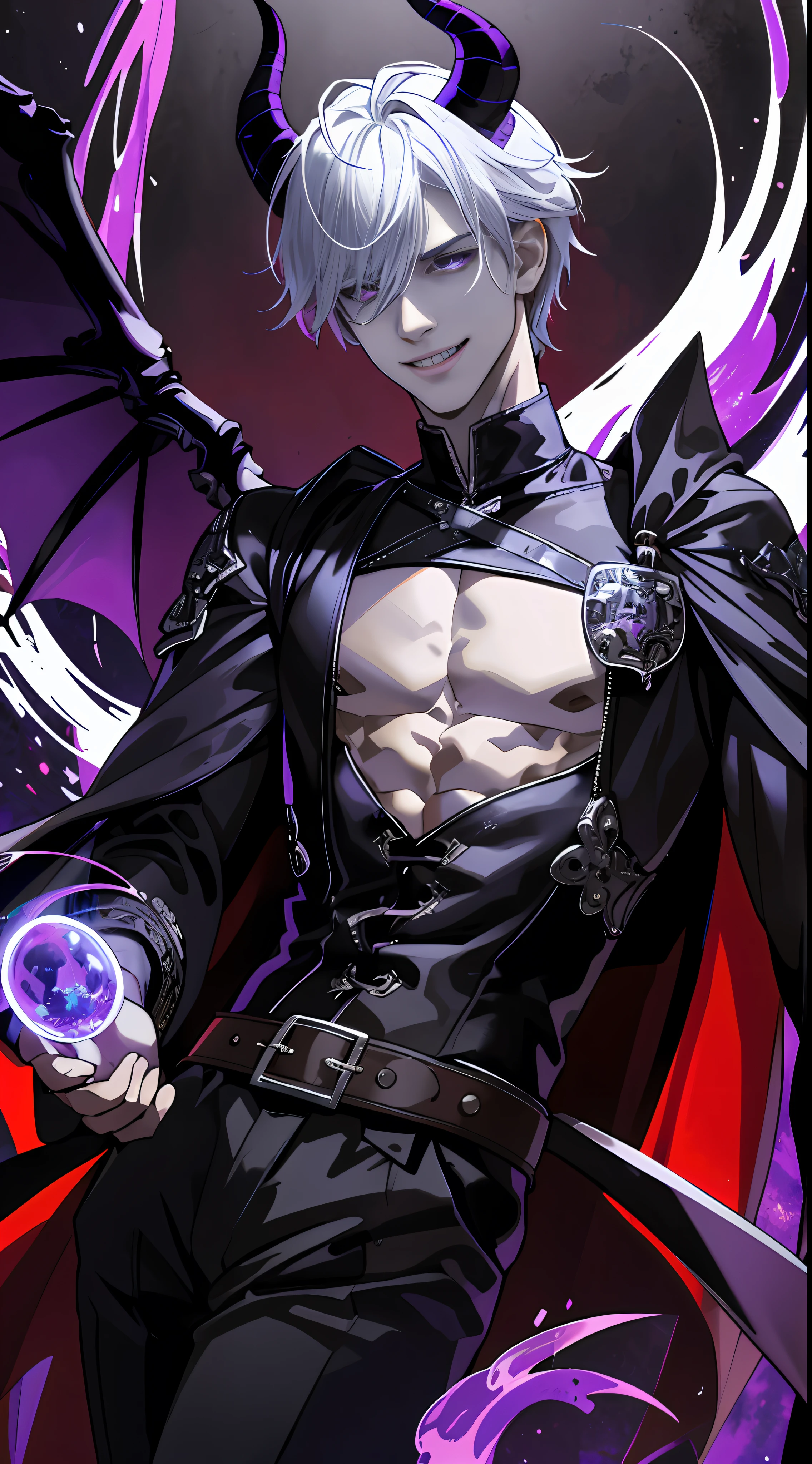 （tmasterpiece，A high resolution，ultra - detailed:1.0），（1 boy，Young male:1.3），（Perfect male body），（Male incubus
），Expose the chest, Delicate eyes and delicate face，Extremely detailed CG，Unity 8k wallpaper，Complicated details，ssmile，Toothy smile，evil grin smile，Demon's horns，Face away from the light source，purpleglowing eyes eyes，Demon's wings，（A seductive smile), solo person, full bodyesbian, Detailed background, Detailed face, (Medieval Gothic theme:1.1), Dynamic pose, (Sexy menswear, sexy leather clothes, Gothic style clothing），medieval clothing, dark castle，Castle background，a medieval castle，sportrait