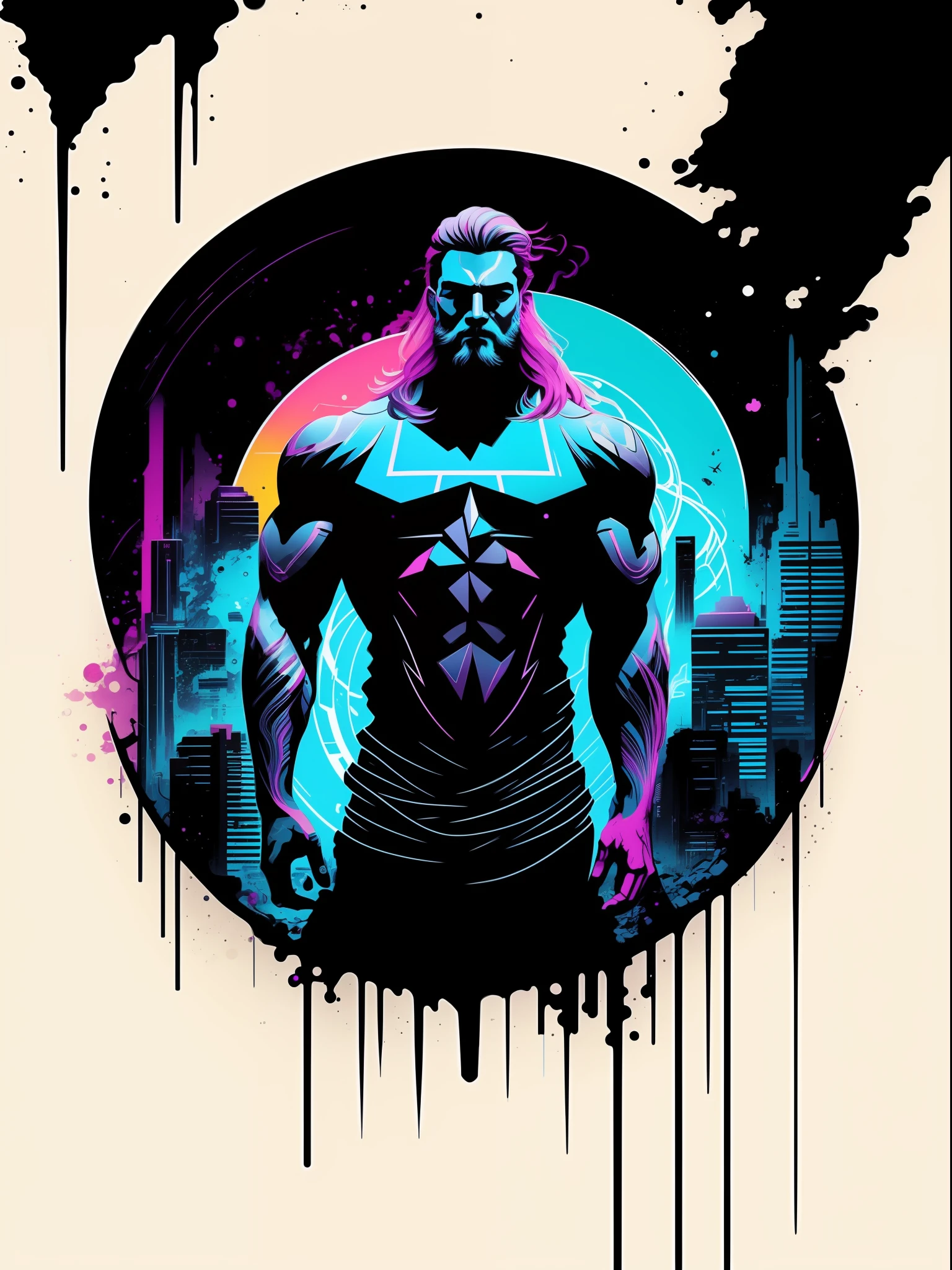 Zeus, 2D t-shirt art, Cyberpunk, epic illustration, vector, 2d illustration, black background, very colorful, full gradient modern colors, Focused, front view