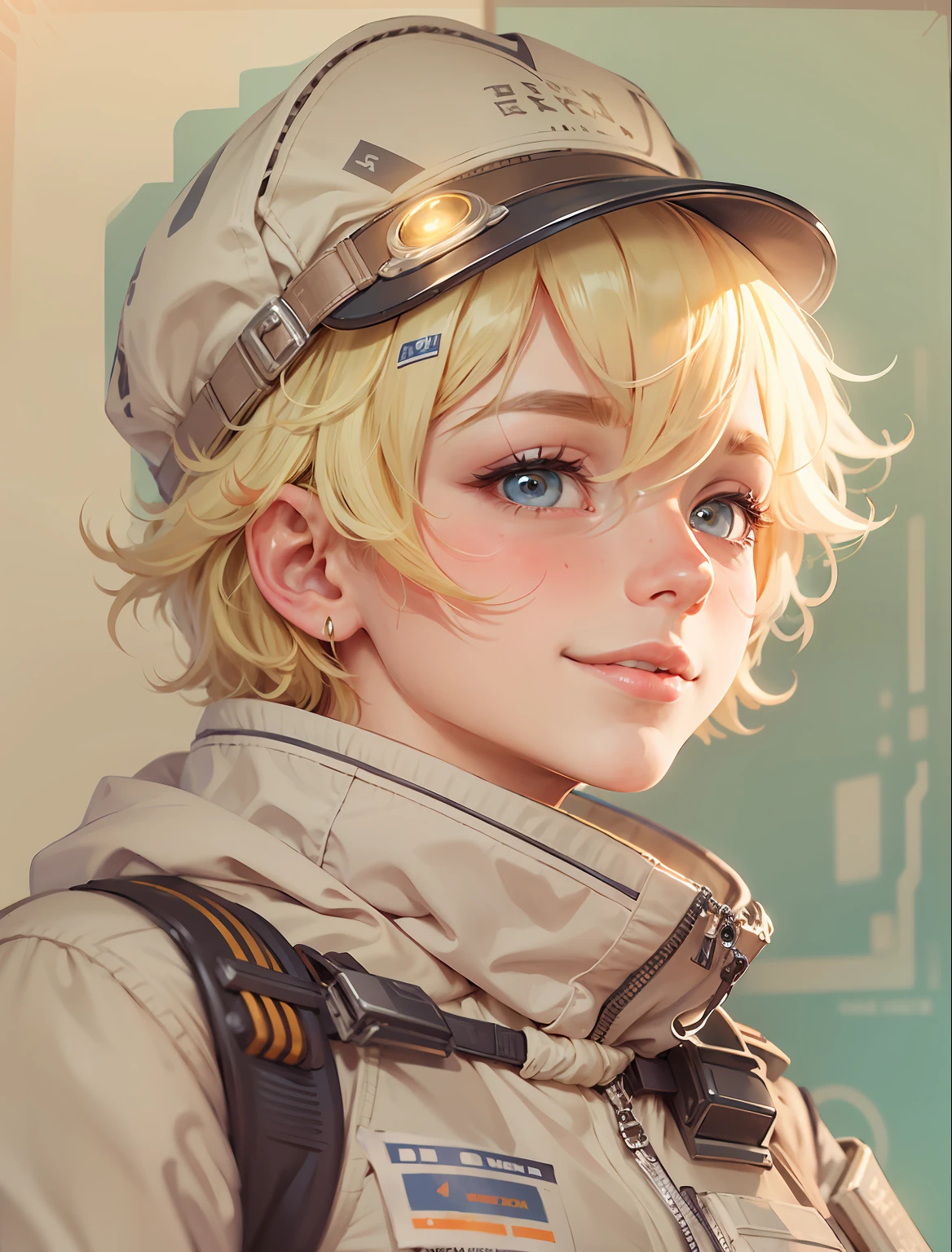 Cute feminine male, femboy, wearing an space officer uniform and cap. He is blonde and has short hair, (he looks shy as he is smiling sweetly 1.3) and his eyes are big and cute, his lips are meaty and glossy if not slightly pouty, his skin is slightly pale, he is short and has a (petite frame 1.2), he looks like a younger adult.