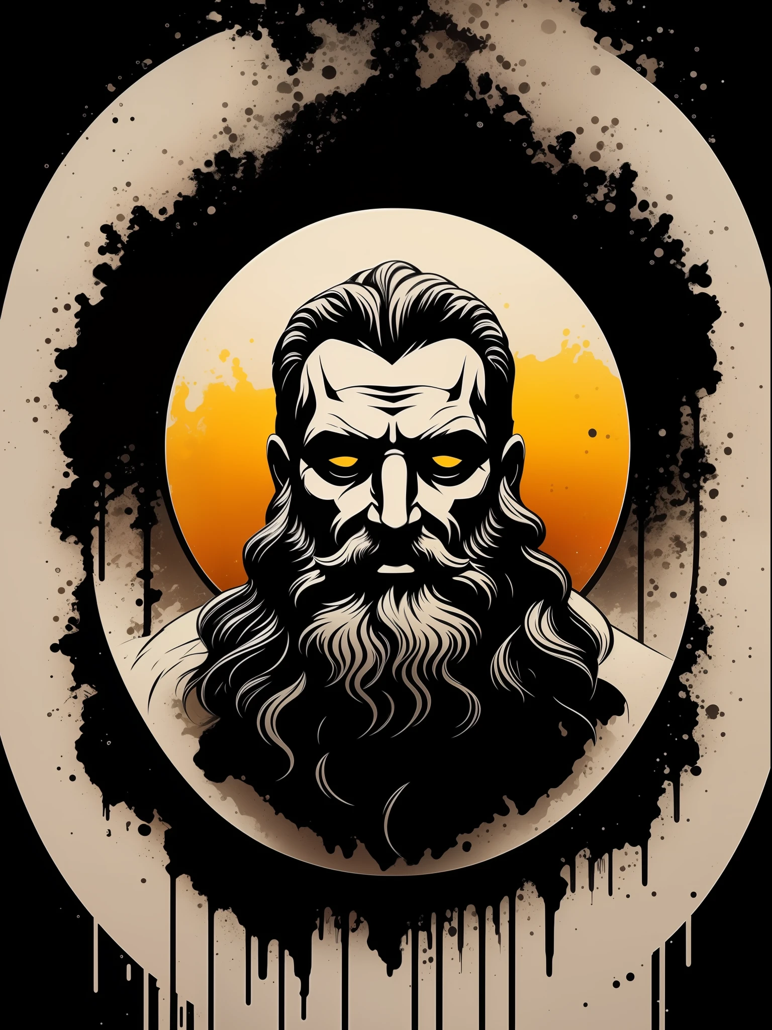 Zeus, t-shirt art, 2D, ((black background :1, 5)), vector, vivid colors, masterpiece, best quality, intricate details, perfect symmetrical face, realistic details, gothic theme, rim light, moonlight, cinematic shading, Greg Rutkowisk