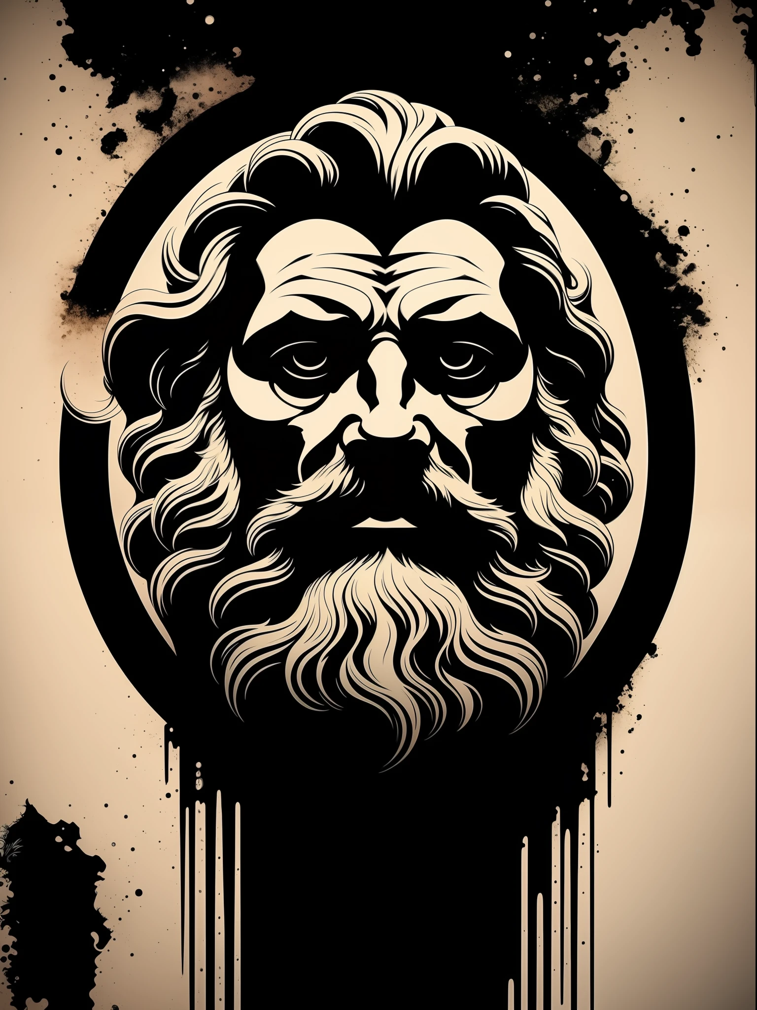 Zeus, t-shirt art, 2D, ((black background :1, 5)), vector, vivid colors, masterpiece, best quality, intricate details, perfect symmetrical face, realistic details, gothic theme, rim light, moonlight, cinematic shading, Greg Rutkowisk