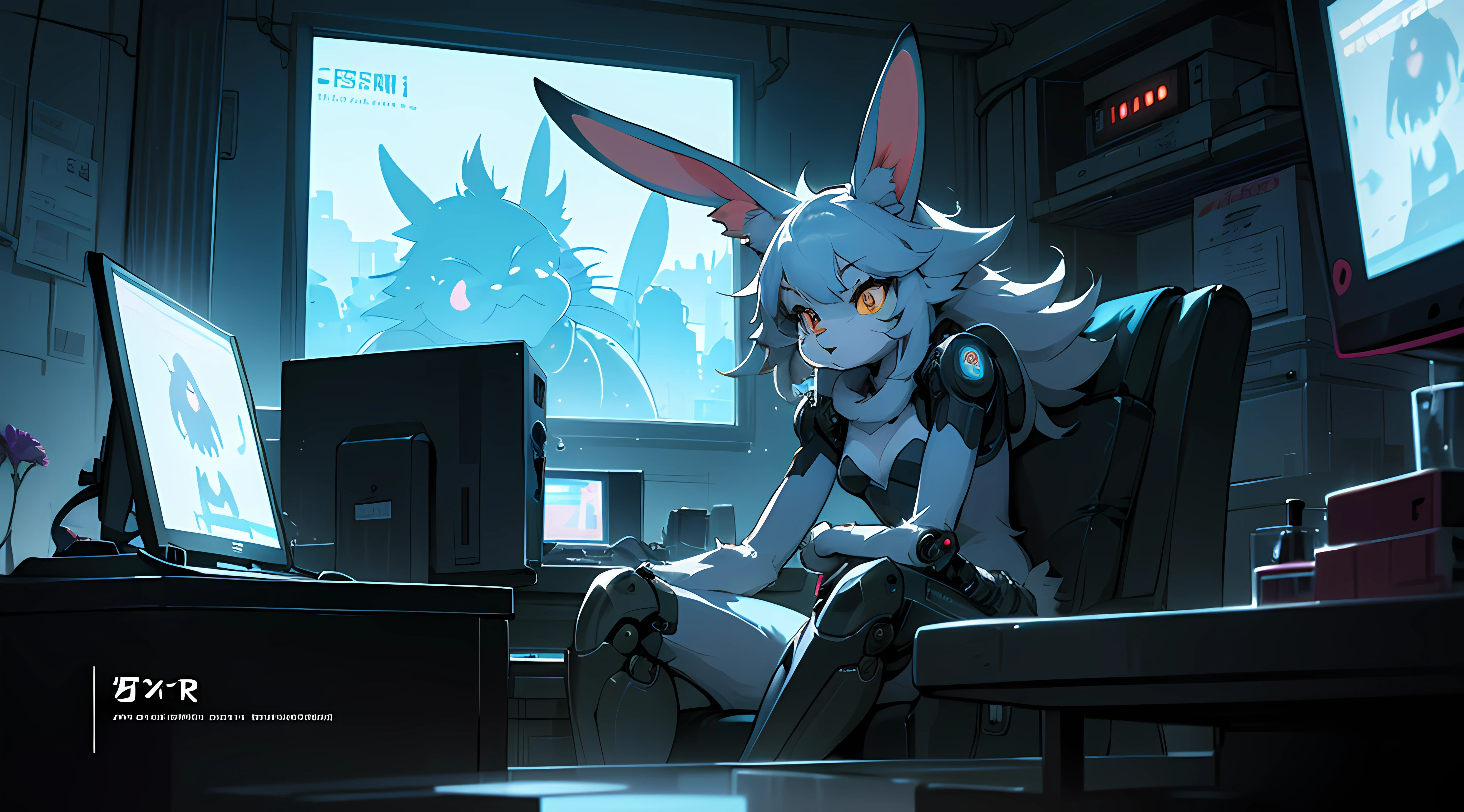 crt cel animated screencap of a still from an animated 1980s masamume shirow anime about a cyberpunk anthro kemono furry blue rabbit girl who patrols the streets with a technokatana looking for criminal robots, (blame! style abandoned tech landscape), (Zen, Amy Sol style), (((beats to relax/study to))), (((Lofi anthro kemono blue-furred rabbit girl in power armor sitting in metal chair behind computer terminal, behind giant glass terminal screen, beats to relax/study to))), (((blue kemono beastars furry rabbit anime hacker with small soft furry paws))), (((suspended glass cyberpunk computer terminals with robot rabbit in background))), ((glowing cyberdeck screens)), (underground, dark, foggy, perilous, abandoned dystopian apartment bedroom, deep windows), (abstract anthro rabbit figure wearing bunny ears), cover art with light abstraction, abstract, simple vector art, contemporary Cybernetic art, color gradients, soft color palettes, layered forms, whimsical animation, style Ethereal abstract, 4K, --v6