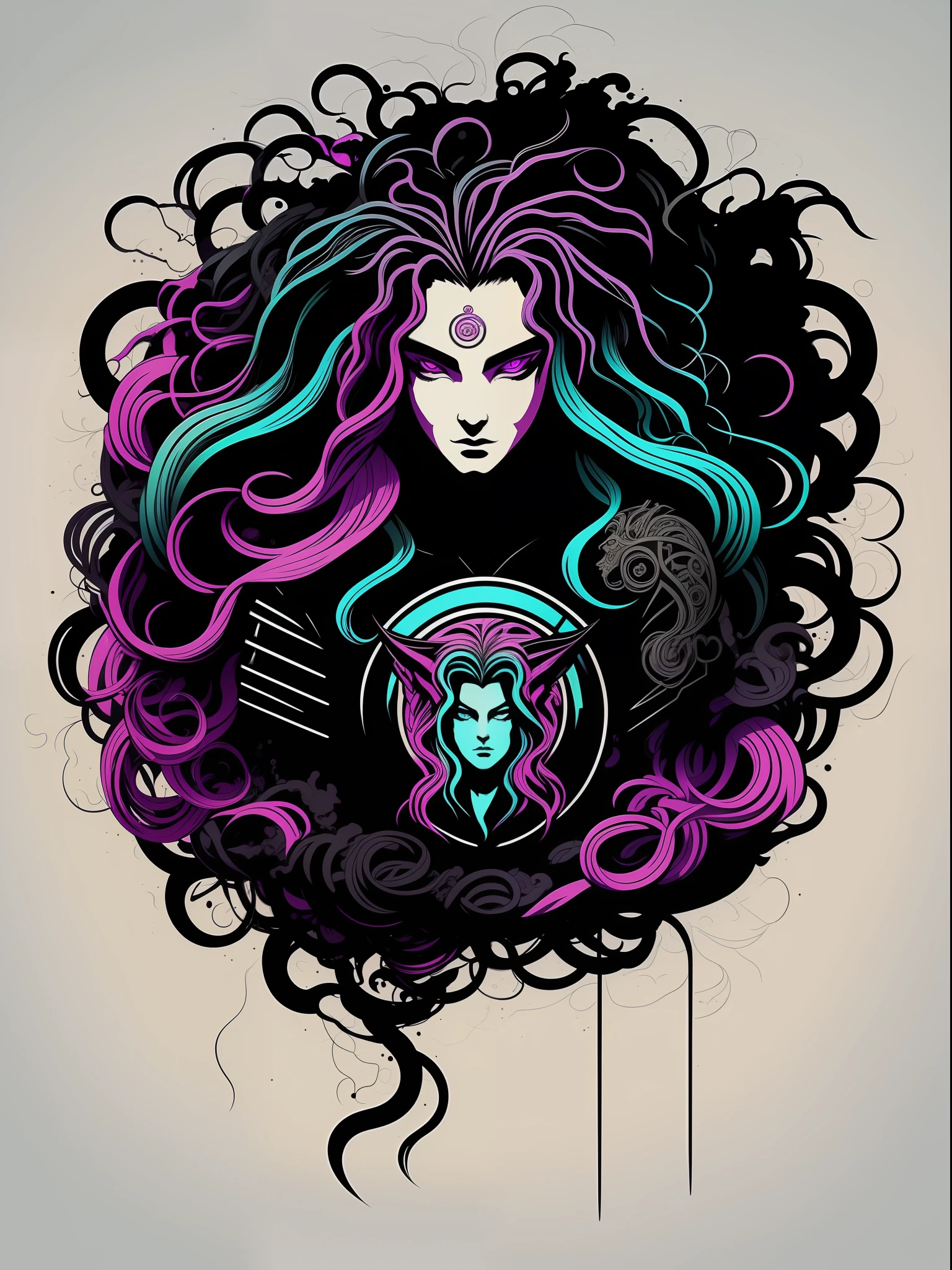 Medusa cabelo de serepente, 2D t-shirt art, Cyberpunk, epic illustration, vector, 2d illustration, black background, very colorful, full gradient modern colors, Focused, front view