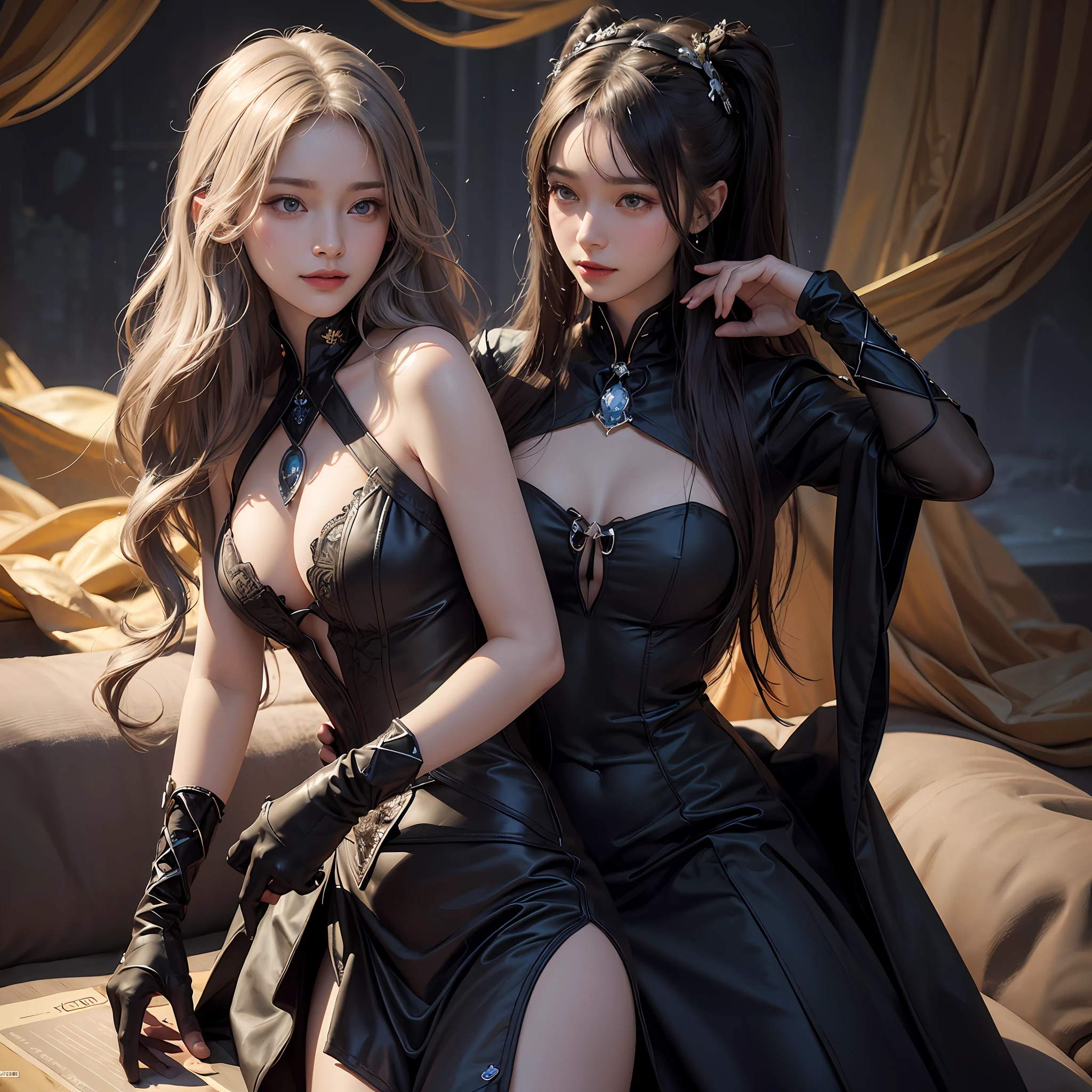 (Positive focus), (in the darkness nigth:1.6), Surrealistic Female Portraits by David Hockney and Alphonse Mucha, Fantasyart, photographrealistic, 动态照明, art stations, poster for, Volumetriclighting, Very detailed faces, 4 k'', Award-Awarded, 1girll, in the darkness nigth, deep shading, low tune, cowboy lens, (official outfit:1.4), long whitr hair, whaite hair, joyful smile, skin textures,full bodyesbian,Tight clothing, Intimate clothing,